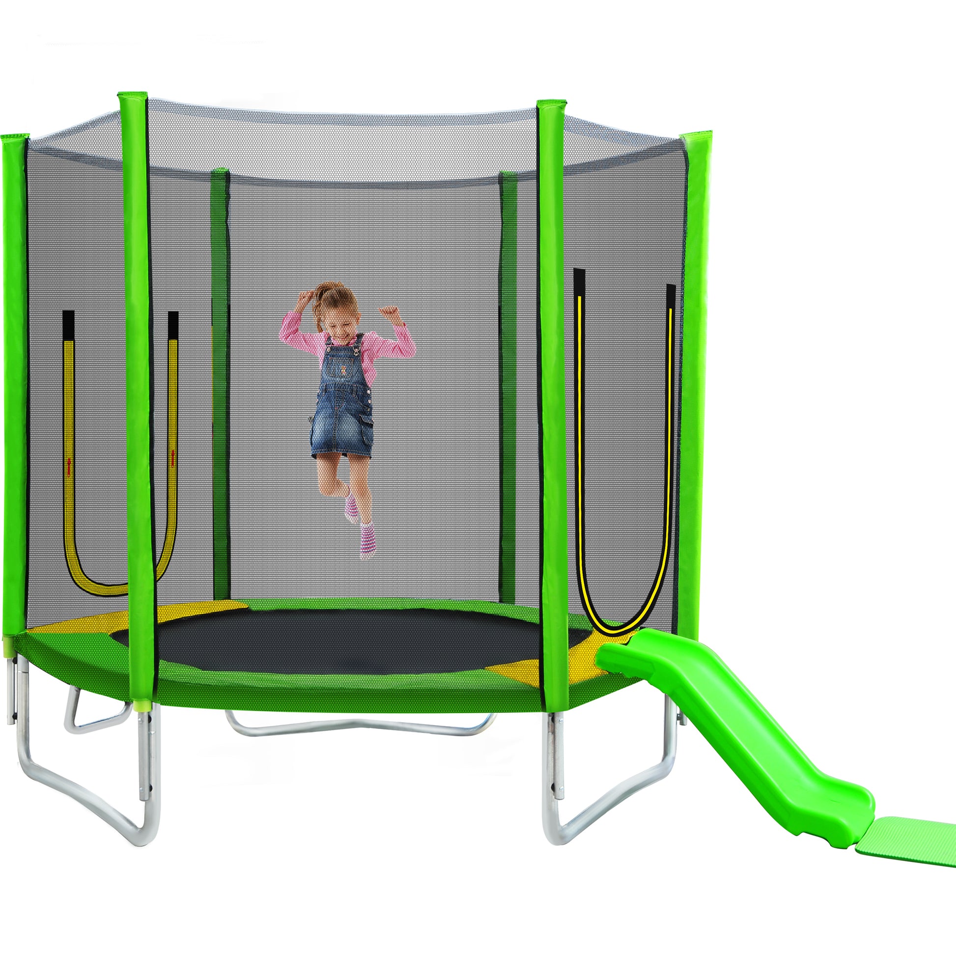 7Ft Trampoline For Kids With Safety Enclosure Net, Slide And Ladder, Easy Assembly Round Outdoor Recreational Trampoline Green Metal