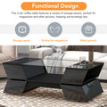 6Mm Glass Top Coffee Table With Open Shelves And Cabinets, Geometric Style Cocktail Table With Great Storage Capacity, Modernist 2 Tier Center Table For Living Room, Black Black Particle Board