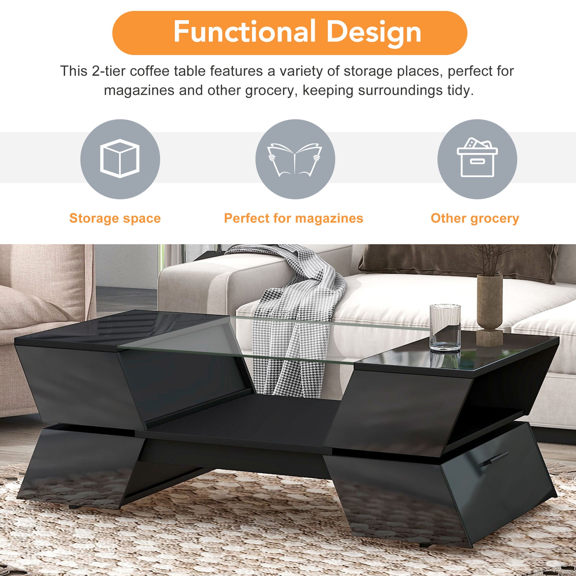 6Mm Glass Top Coffee Table With Open Shelves And Cabinets, Geometric Style Cocktail Table With Great Storage Capacity, Modernist 2 Tier Center Table For Living Room, Black Black Particle Board