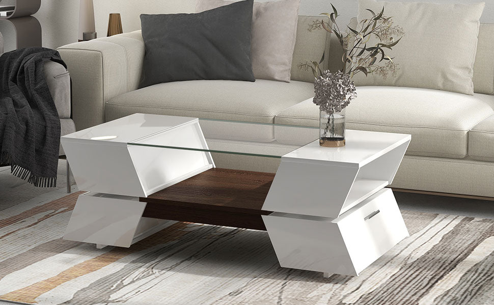 6Mm Glass Top Coffee Table With Open Shelves And Cabinets, Geometric Style Cocktail Table With Great Storage Capacity, Modernist 2 Tier Center Table For Living Room, White White Particle Board