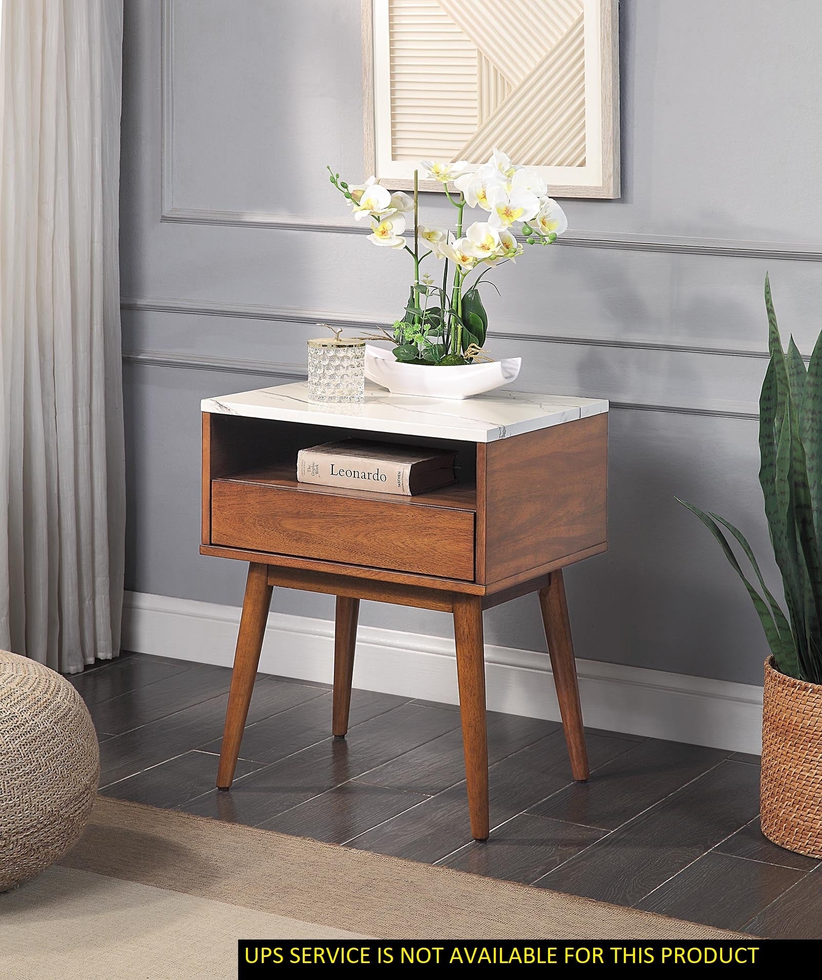 Walnut Finish 1Pc End Table With Faux Marble And Drawer Shelf Living Room Furniture Side Table Walnut Primary Living Space Modern Engineered Wood