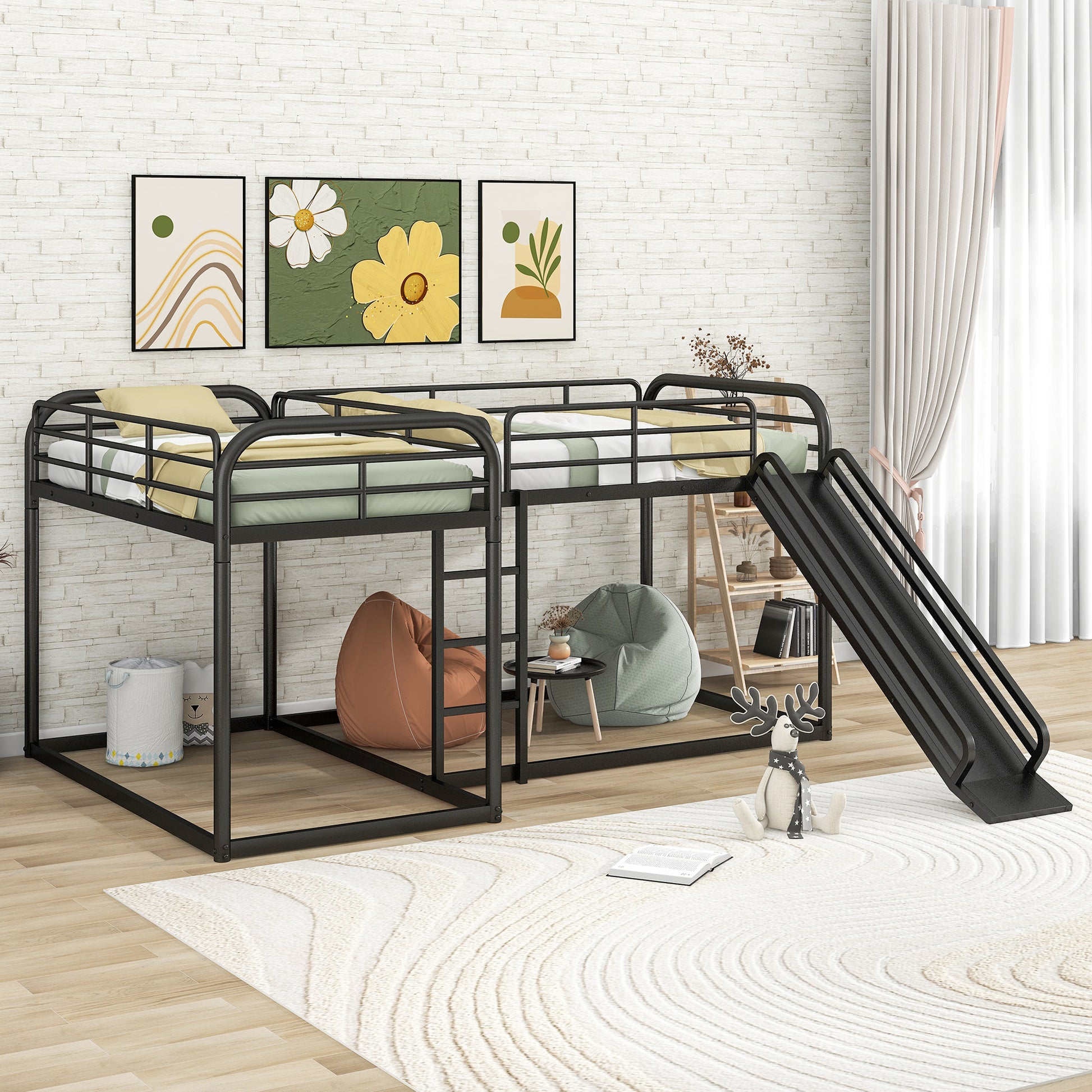 Full And Twin Size L Shaped Bunk Bed With Slide And Short Ladder, Black Black Metal