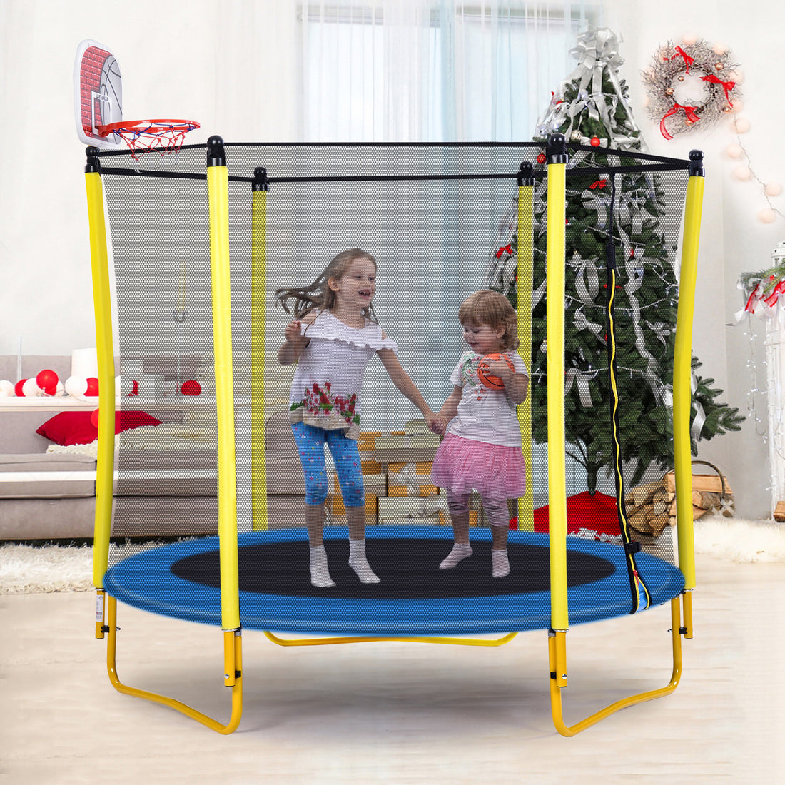 5.5Ft Trampoline For Kids 65" Outdoor & Indoor Mini Toddler Trampoline With Enclosure, Basketball Hoop And Ball Included Yellow Metal