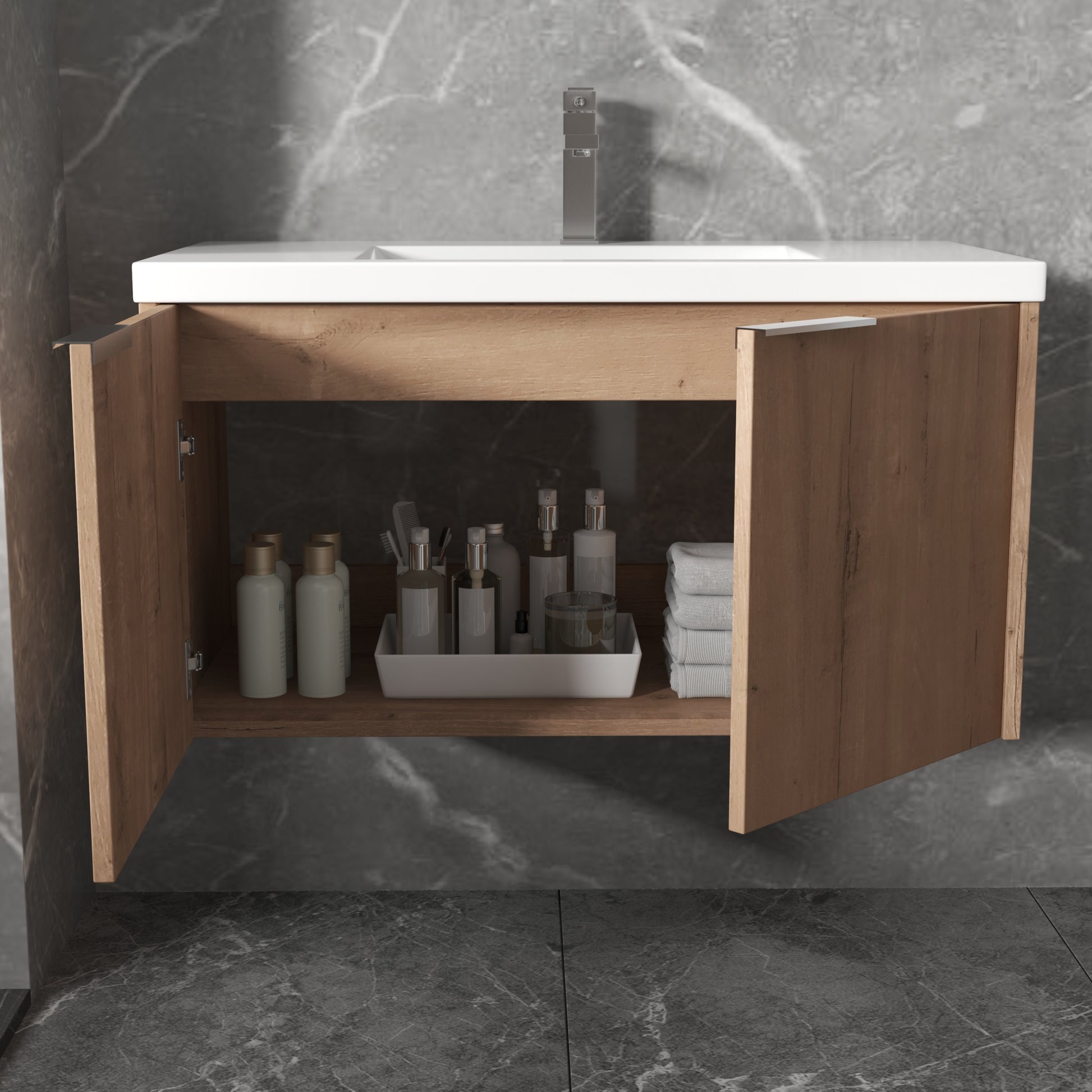 Modern Design 36 Inch Float Mounting Bathroom Vanity With Sink Soft Close Door,2 Doors 00636 Imo Kd Packing Imitative Oak 2 1 Bathroom Wall Mounted Modern Plywood Plywood