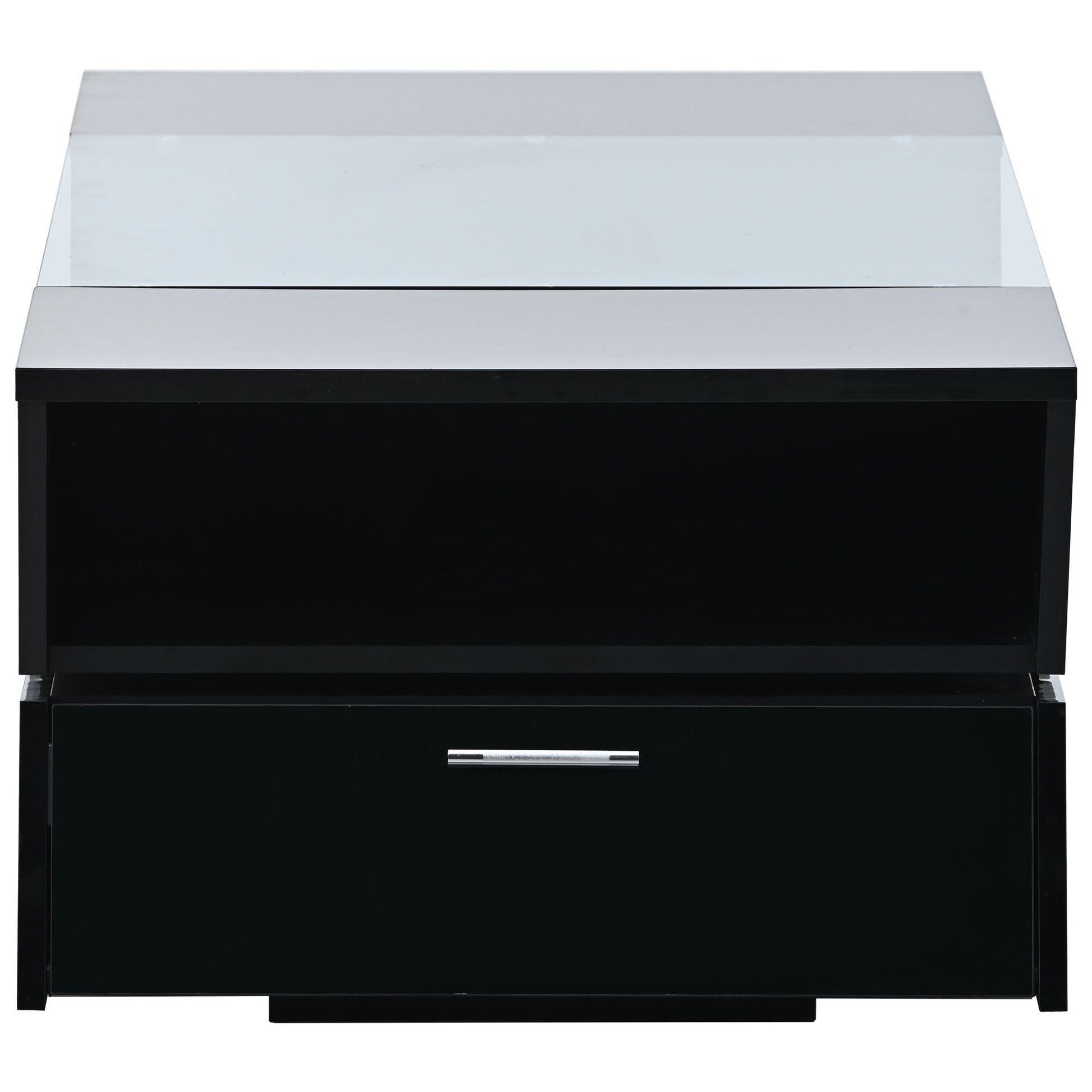 6Mm Glass Top Coffee Table With Open Shelves And Cabinets, Geometric Style Cocktail Table With Great Storage Capacity, Modernist 2 Tier Center Table For Living Room, Black Black Particle Board