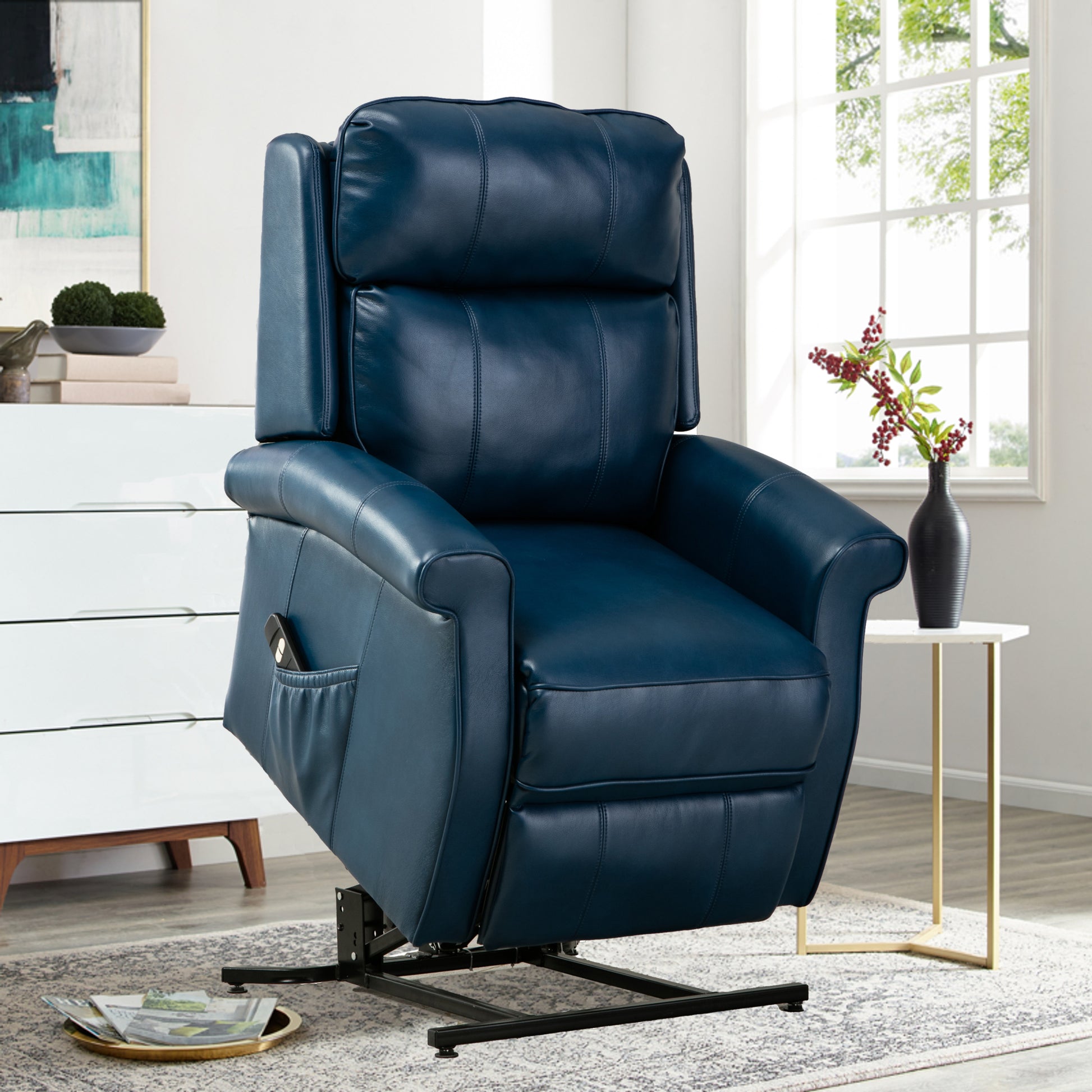 Landis Navy Blue Traditional Lift Chair Navy Blue Foam Pu Leather