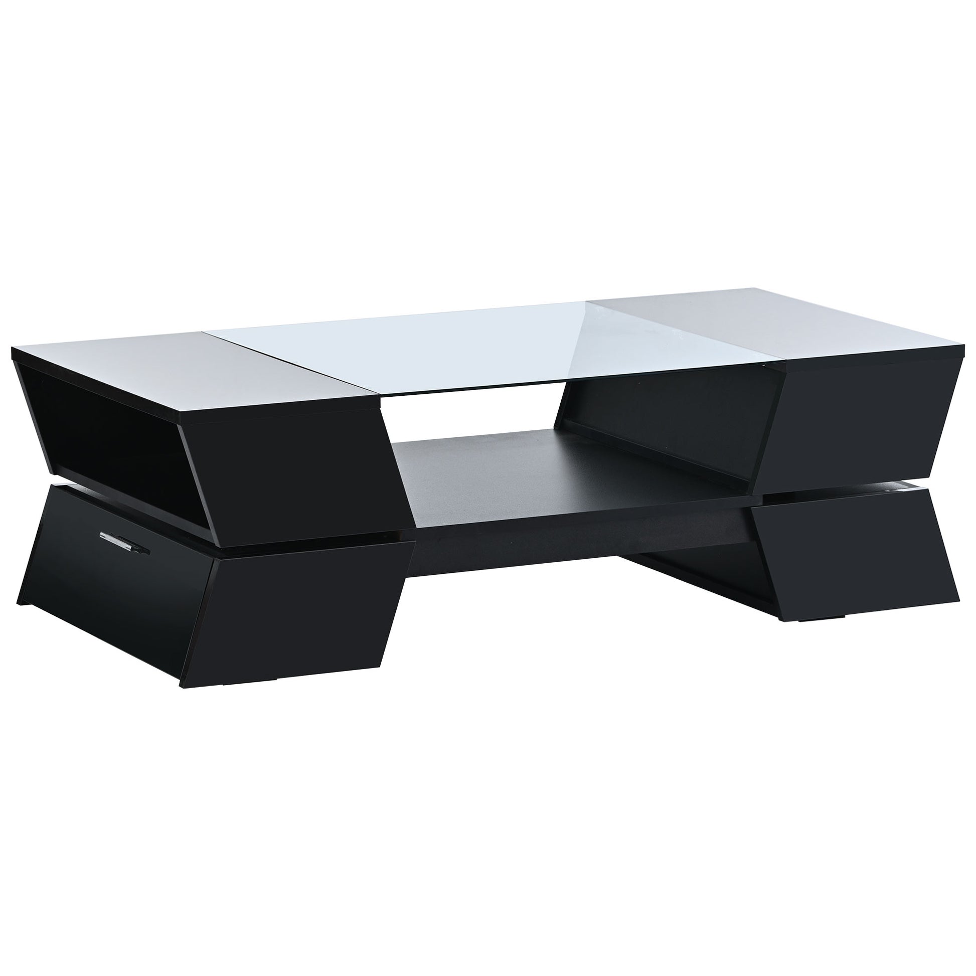 6Mm Glass Top Coffee Table With Open Shelves And Cabinets, Geometric Style Cocktail Table With Great Storage Capacity, Modernist 2 Tier Center Table For Living Room, Black Black Particle Board