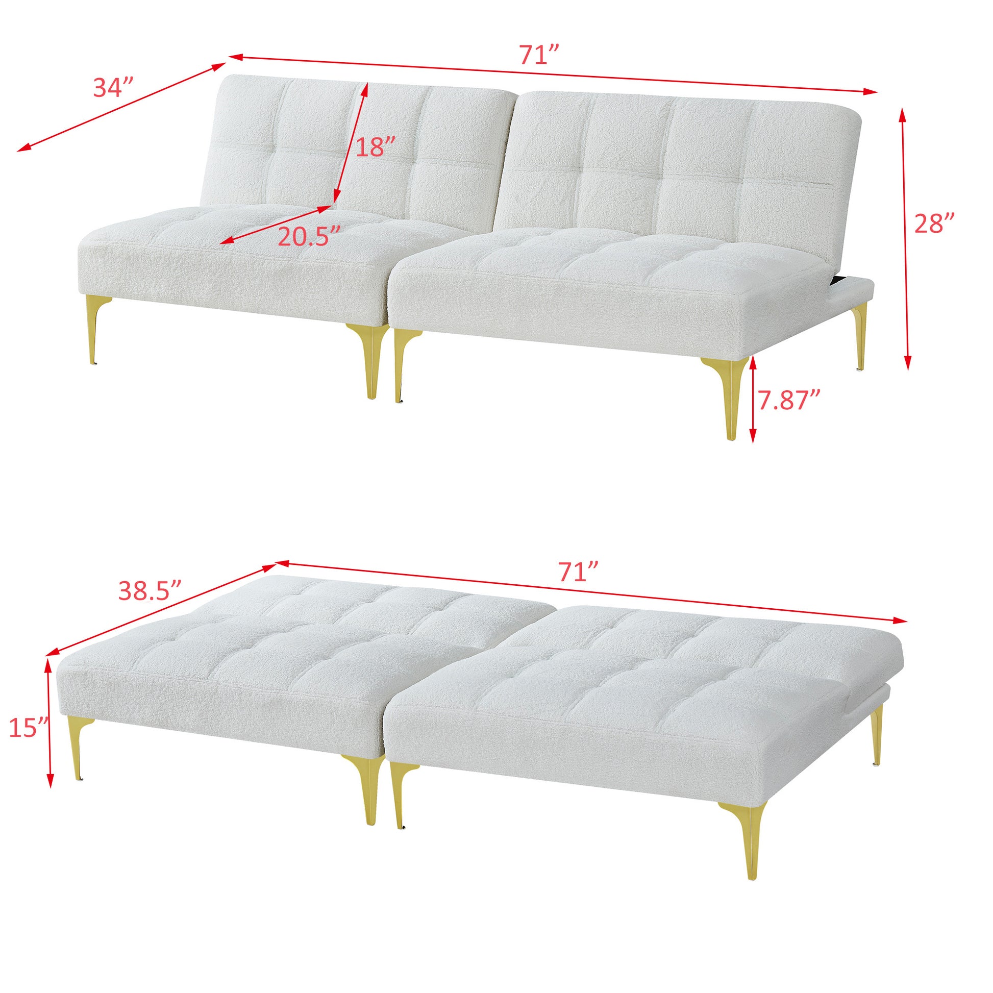 Convertible Sofa Bed Futon With Gold Metal Legs Teddy Fabric White White Teddy Foam Fabric