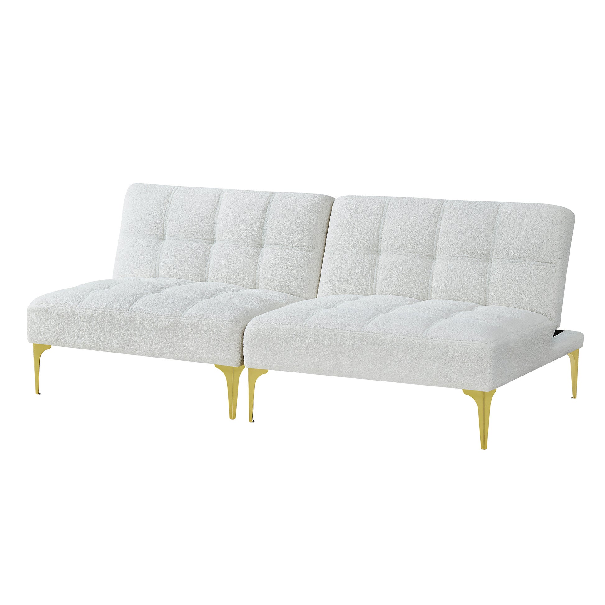 Convertible Sofa Bed Futon With Gold Metal Legs Teddy Fabric White White Teddy Foam Fabric