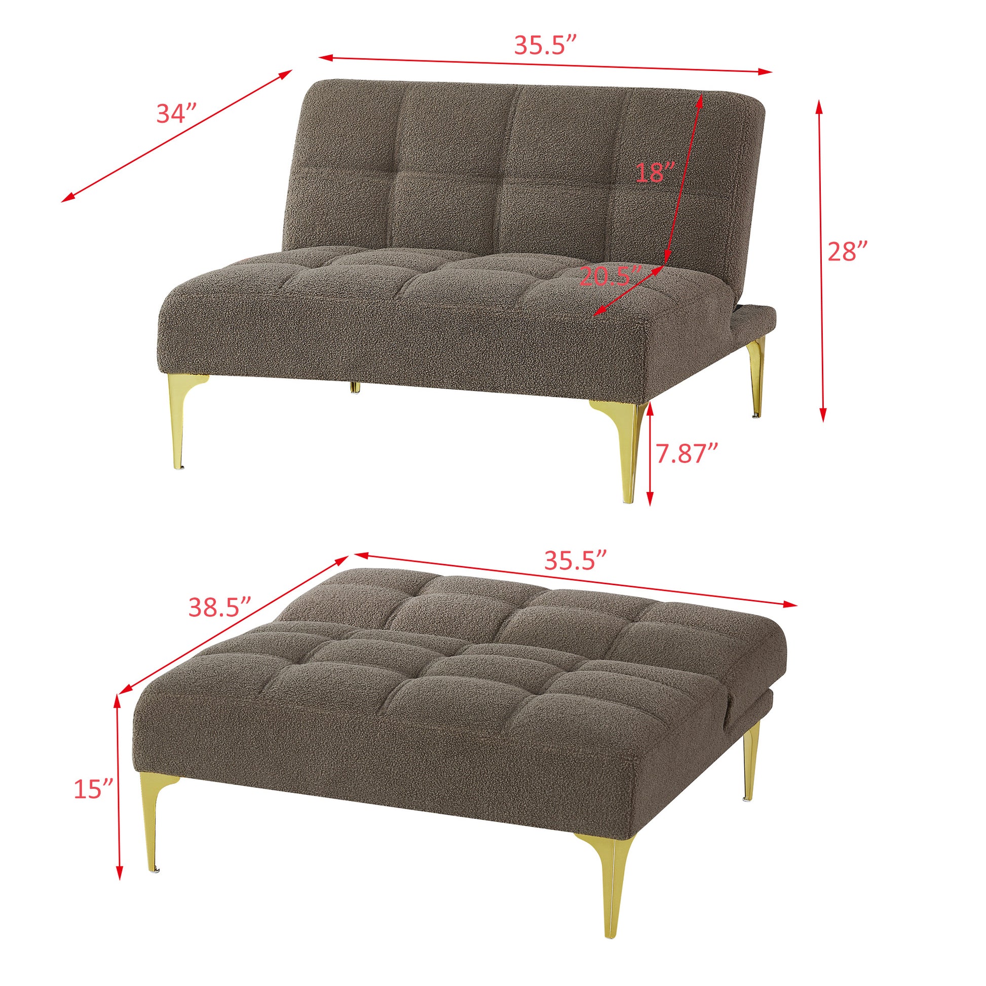 Convertible Sofa Bed Single Chair Futon With Gold Metal Legs Teddy Fabric Taupe Taupe Foam Fabric