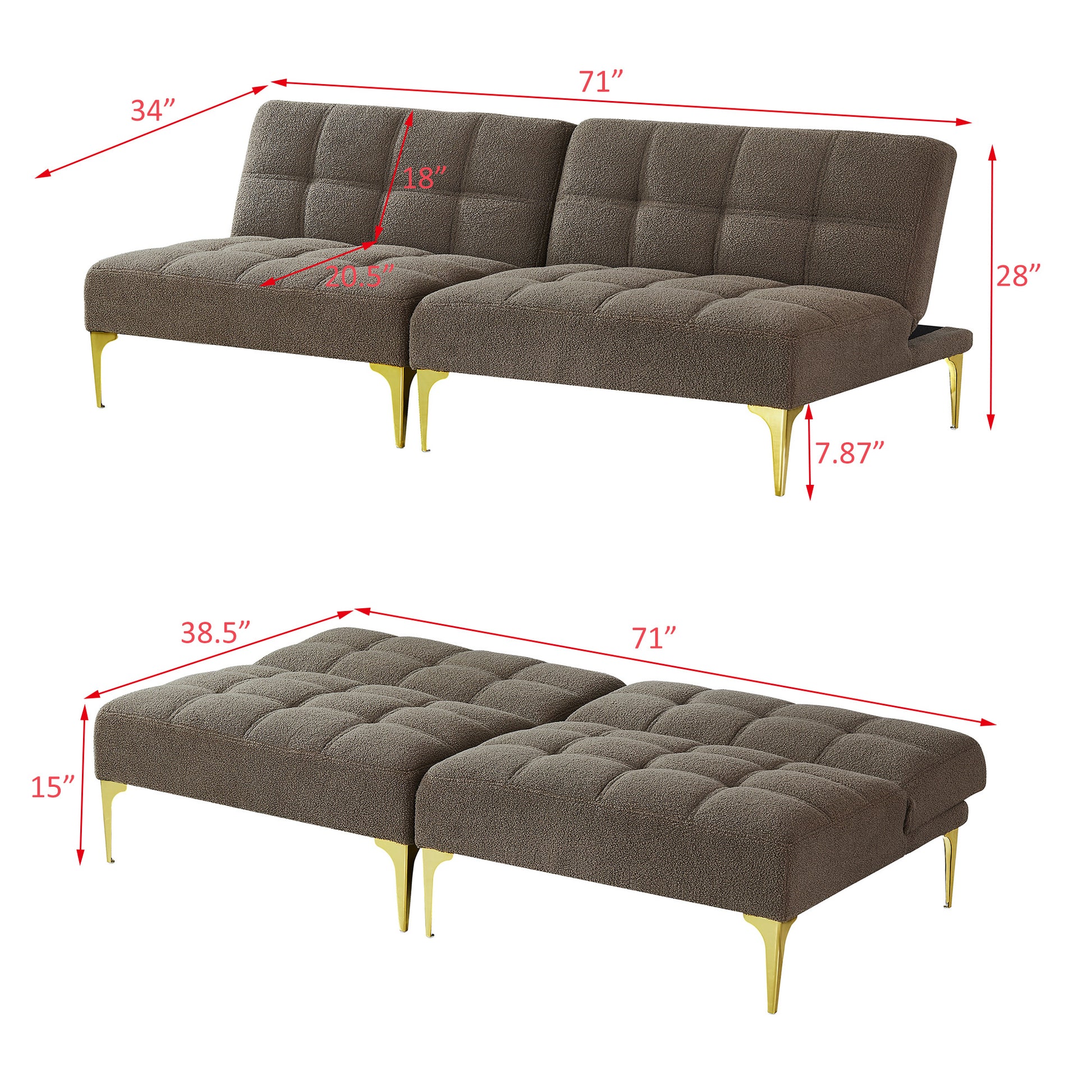 Convertible Sofa Bed Futon With Gold Metal Legs Teddy Fabric Taupe Taupe Foam Fabric