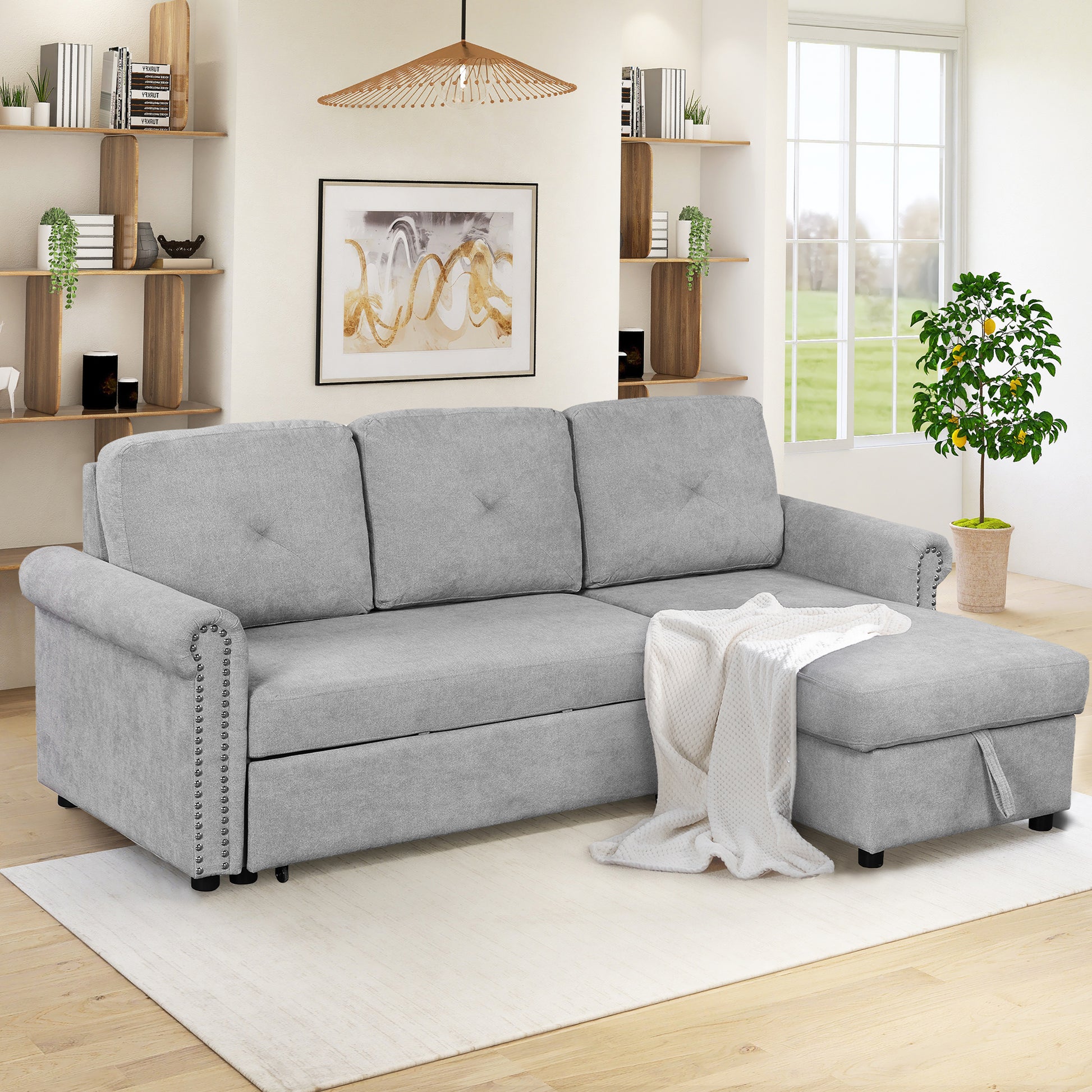 83" Modern Convertible Sleeper Sofa Bed With Storage Chaise,Gray Old Sku:Sg000346Aaa Gray Foam Velvet