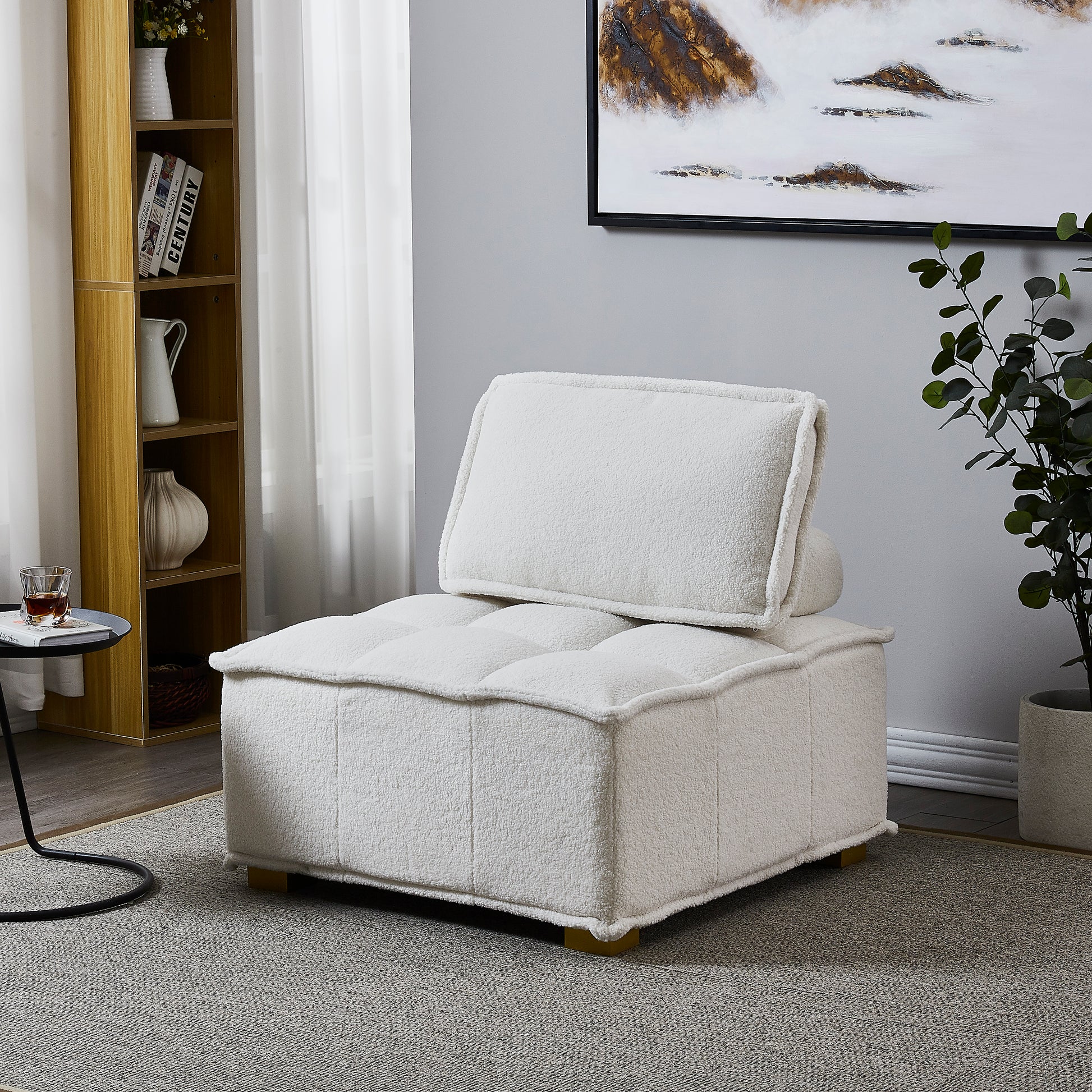 Lazy Sofa Ottoman With Gold Wooden Legs Teddy Fabric White White Foam Fabric