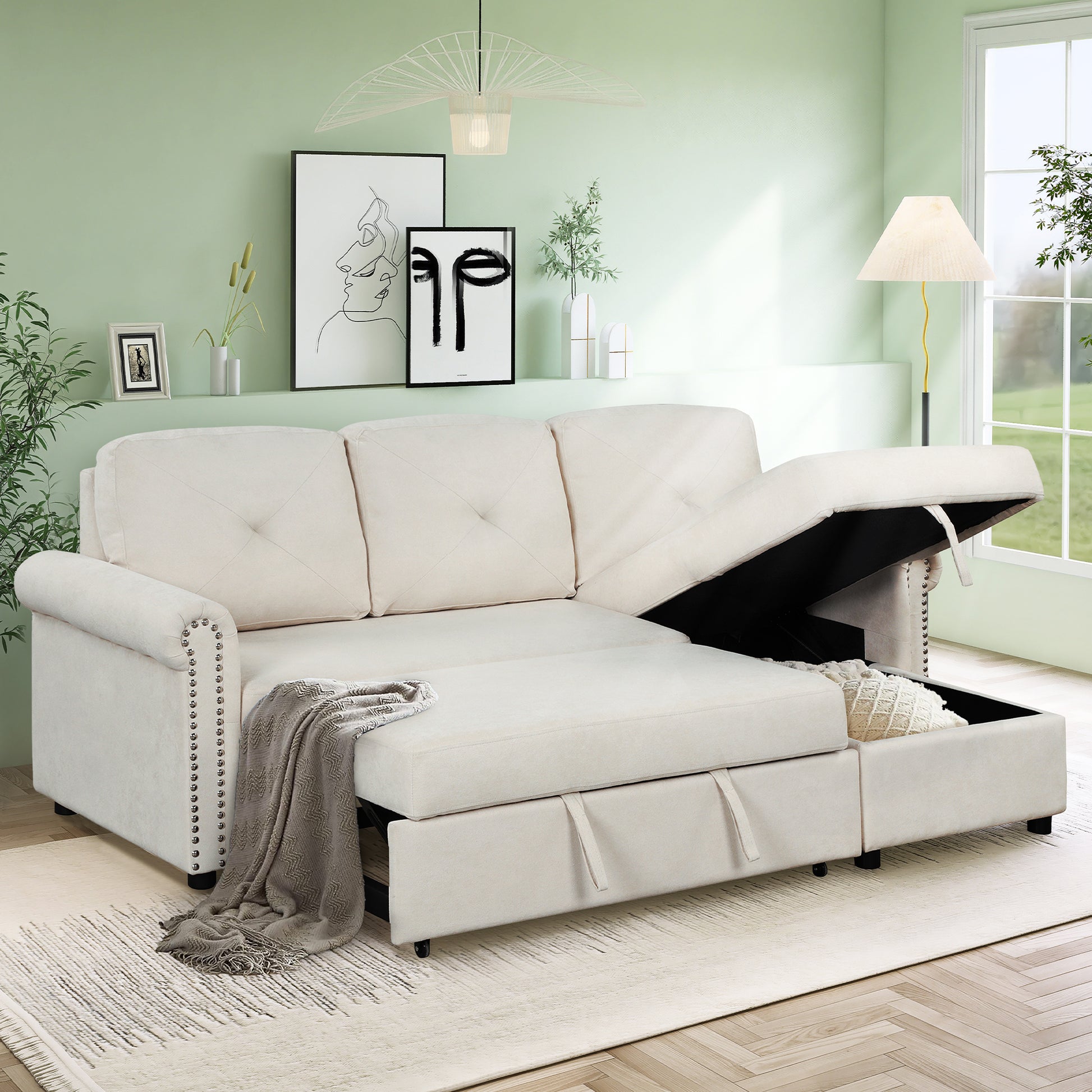 83" Modern Convertible Sleeper Sofa Bed With Storage Chaise,Beige Old Sku:Sg000344Aaa Beige Foam Velvet