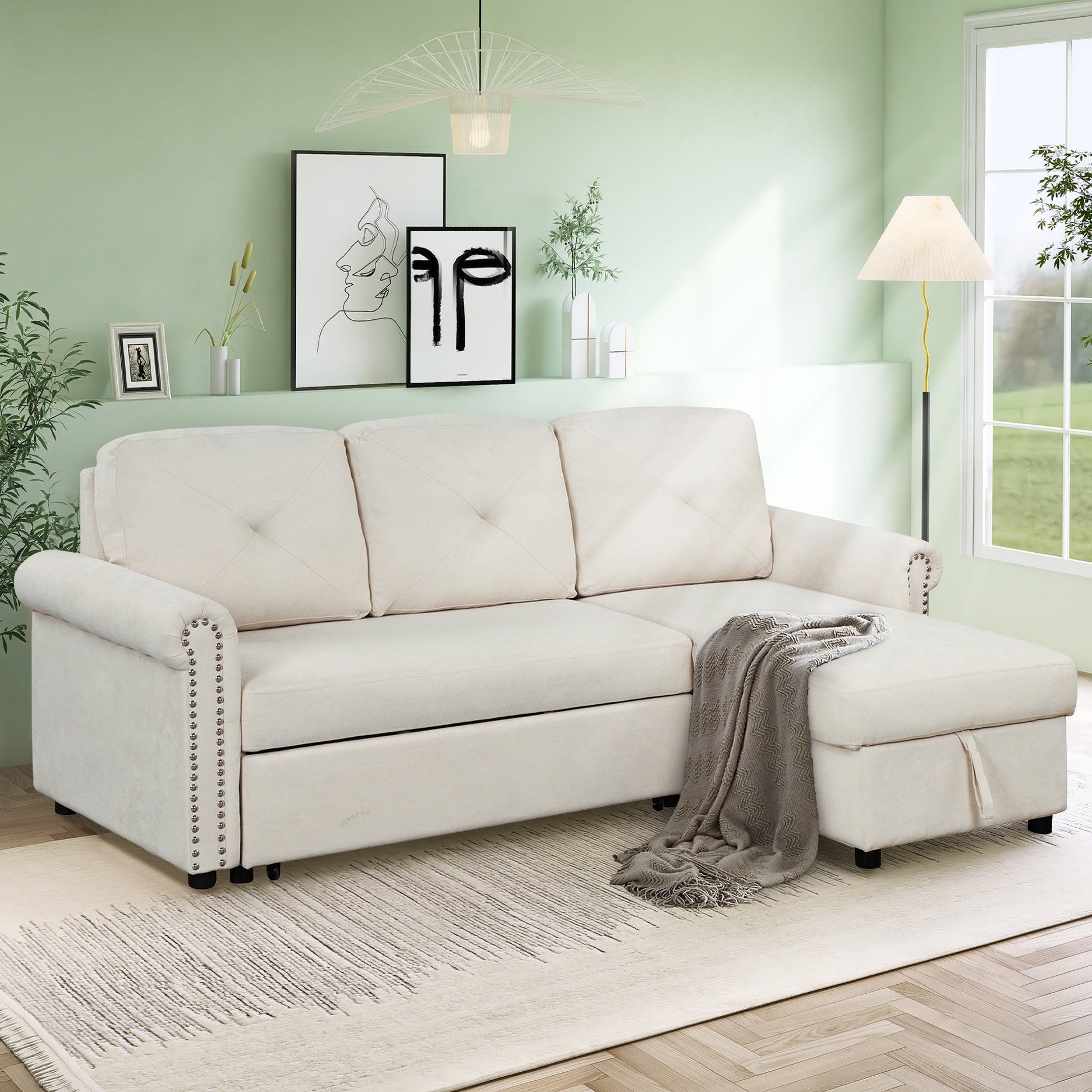 83" Modern Convertible Sleeper Sofa Bed With Storage Chaise,Beige Old Sku:Sg000344Aaa Beige Foam Velvet