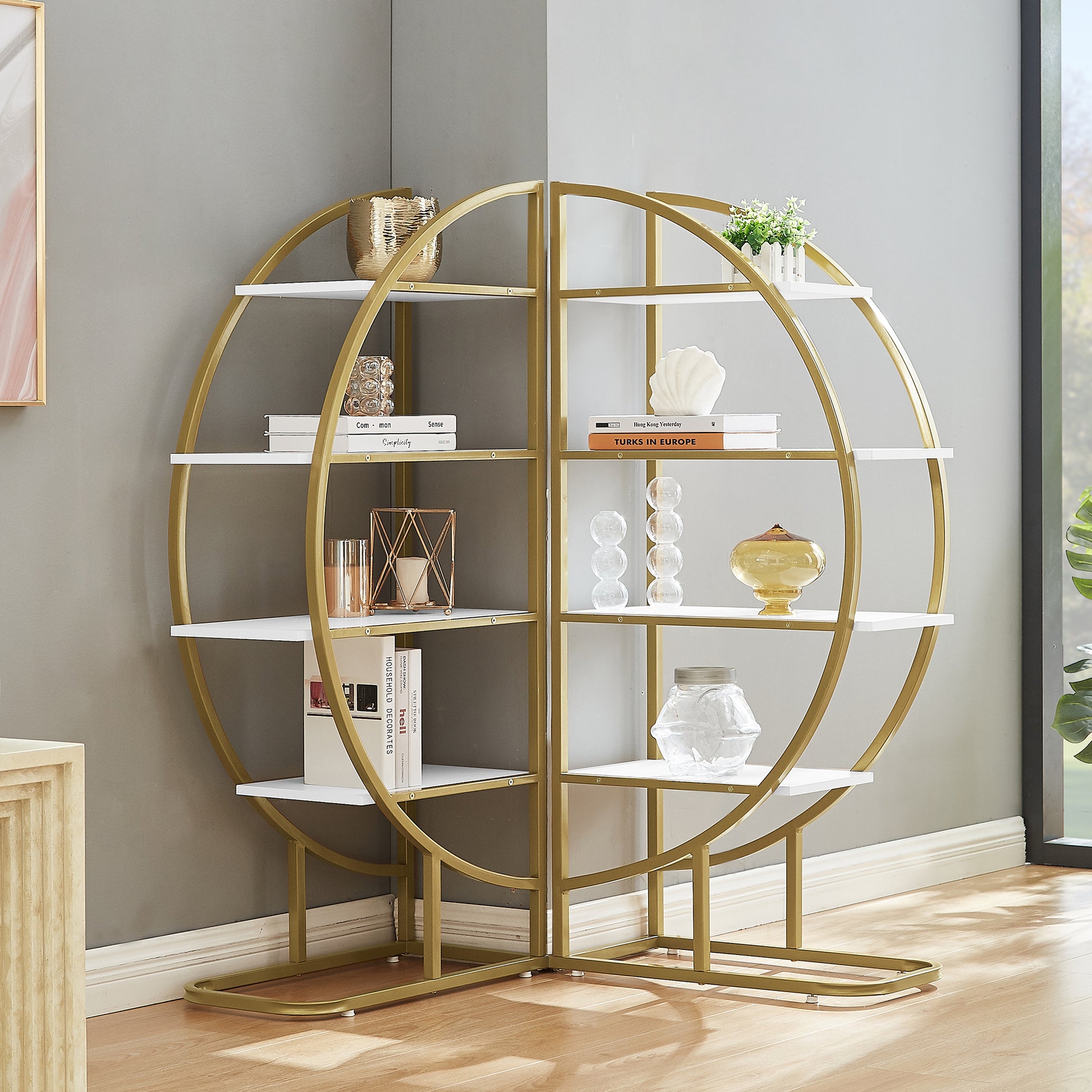 4 Tiers Home Office Open Bookshelf, Round Shape, Different Placement Ways, Mdf Board, Gold Metal Frame, White Golden White Mdf Steel