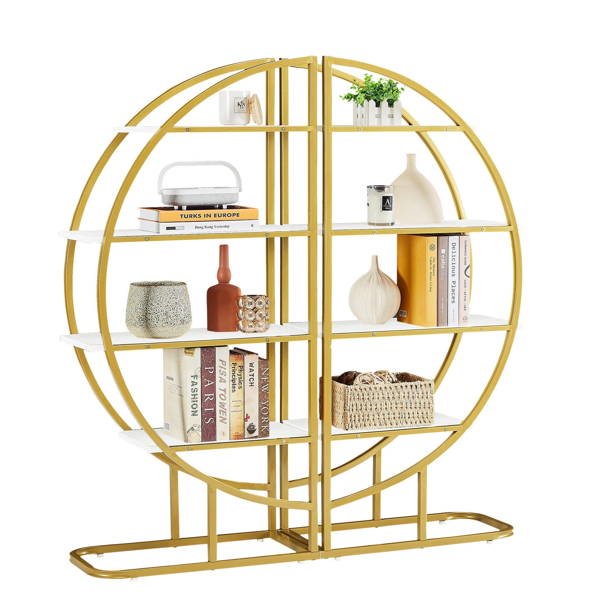 4 Tiers Home Office Open Bookshelf, Round Shape, Different Placement Ways, Mdf Board, Gold Metal Frame, White Golden White Mdf Steel