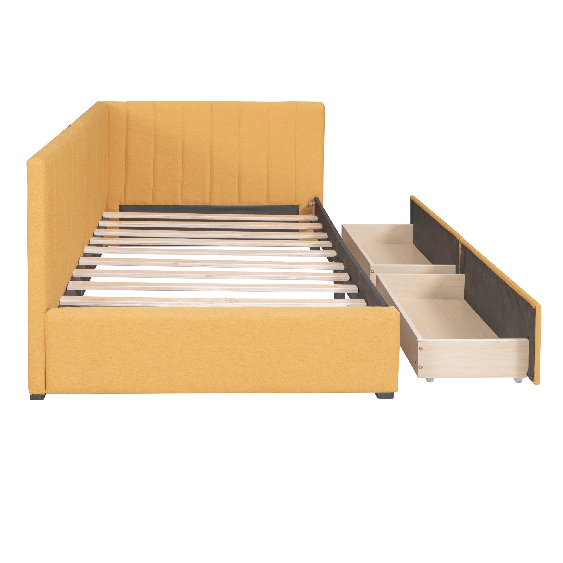 Upholstered Daybed With 2 Storage Drawers Twin Size Sofa Bed Frame No Box Spring Needed, Linen Fabric Yellow Twin Yellow Upholstered