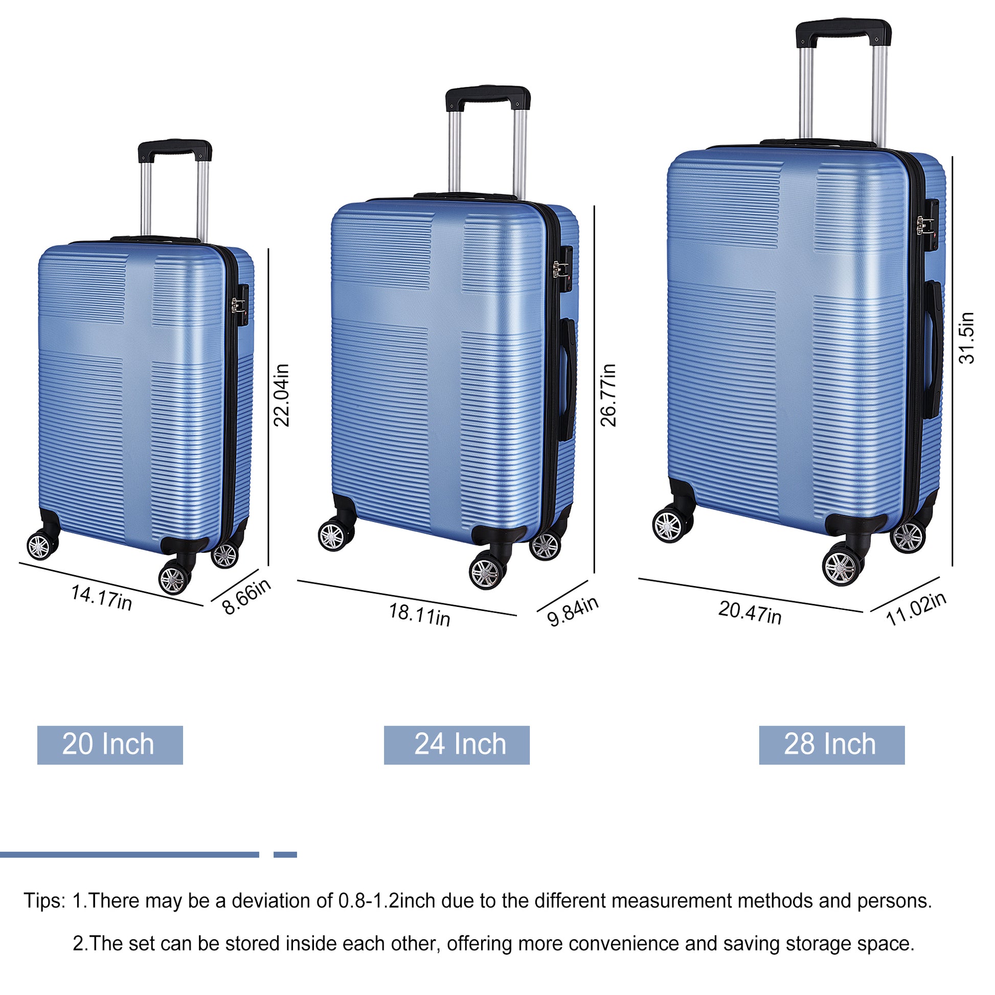 3 Piece Luggage With Tsa Lock Abs, Durable Luggage Set, Lightweight Suitcase With Hooks, Spinner Wheels Cross Stripe Luggage Sets 20In 24In 28In Light Blue Abs