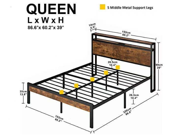 Queen Size Metal Platform Bed Frame With Wooden Headboard And Footboard With Usb Liner, No Box Spring Needed, Large Under Bed Storage, Easy Assemble Queen Black Metal