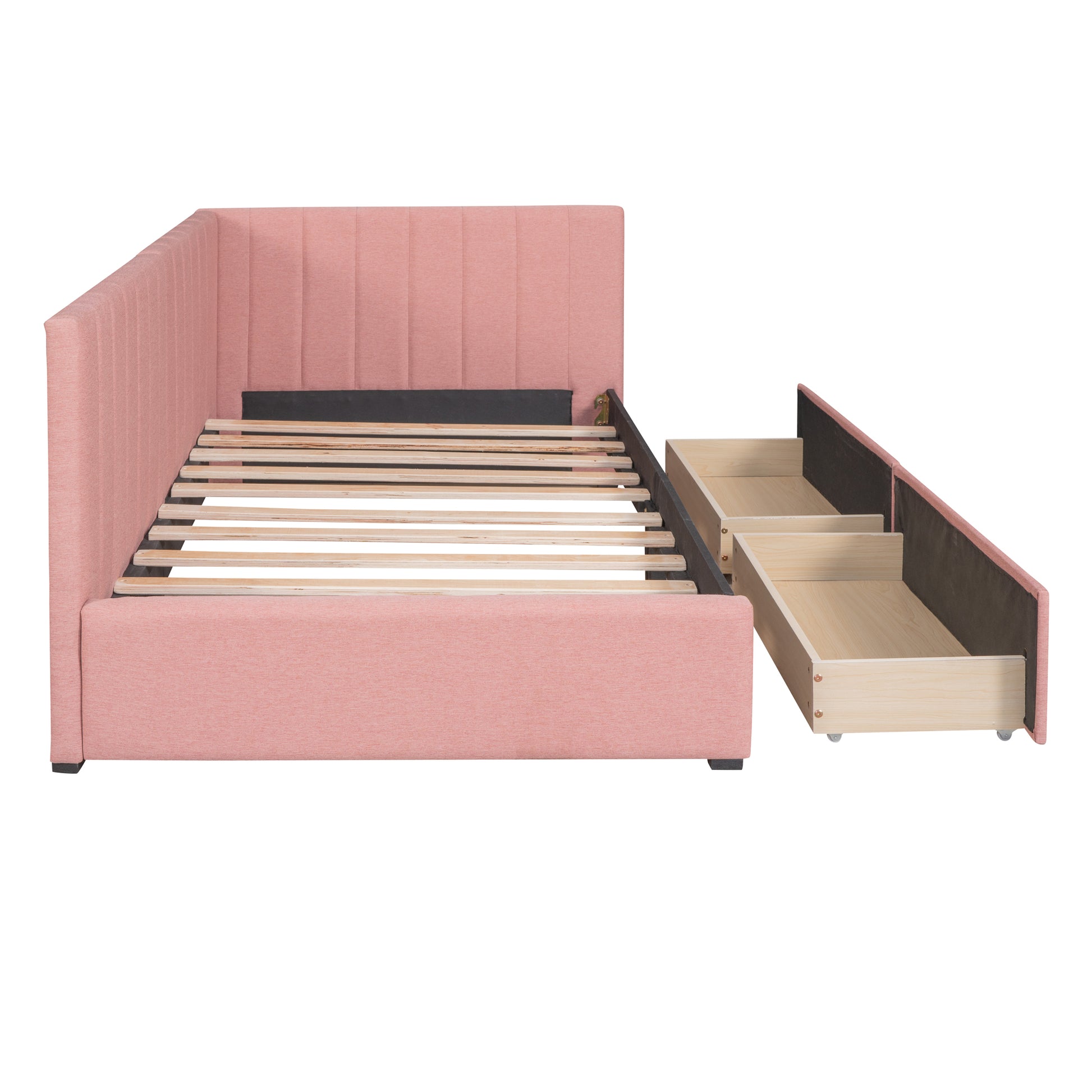 Upholstered Daybed With 2 Storage Drawers Twin Size Sofa Bed Frame No Box Spring Needed, Linen Fabric Pink Twin Pink Upholstered