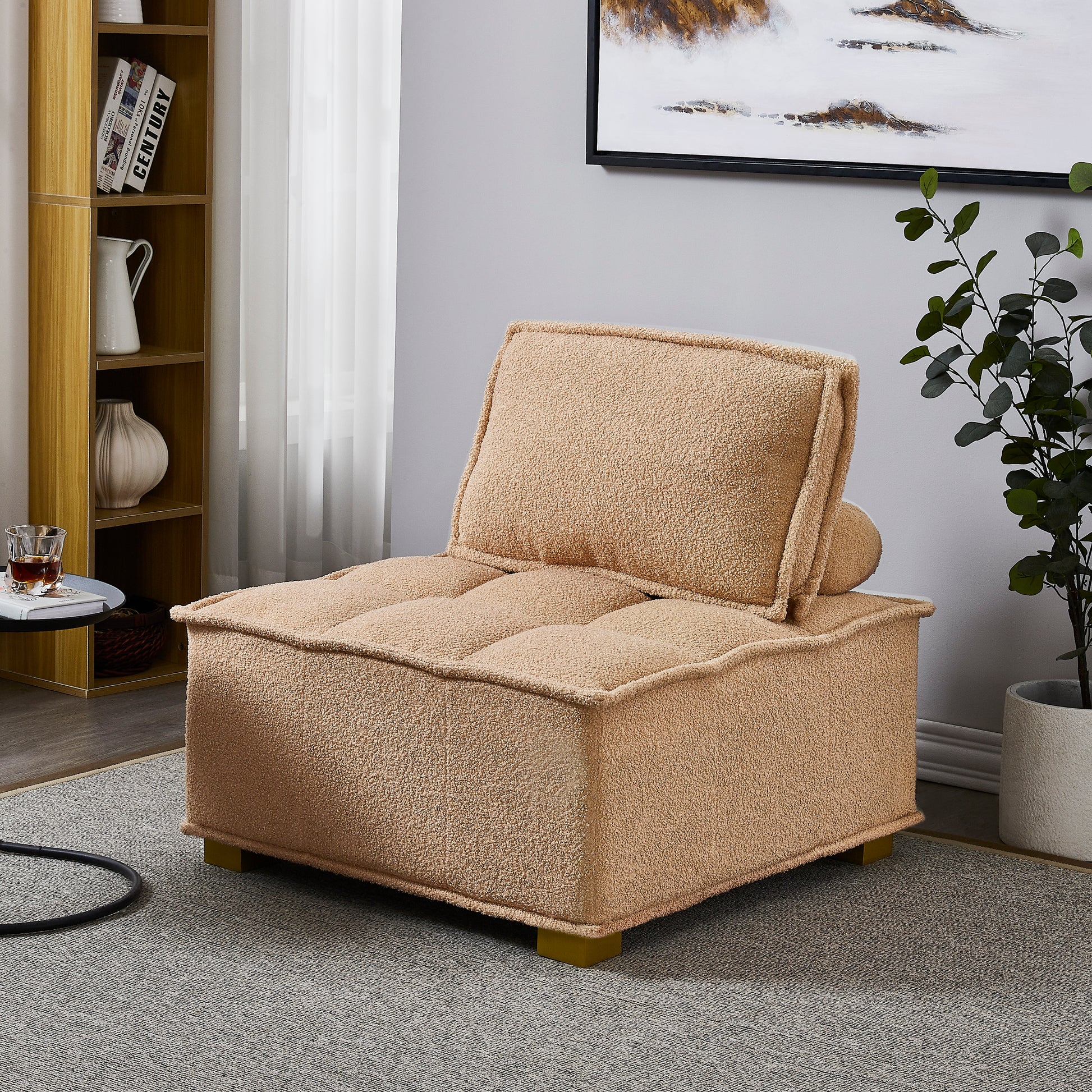 Lazy Sofa Ottoman With Gold Wooden Legs Teddy Fabric Khaki Khaki Foam Fabric