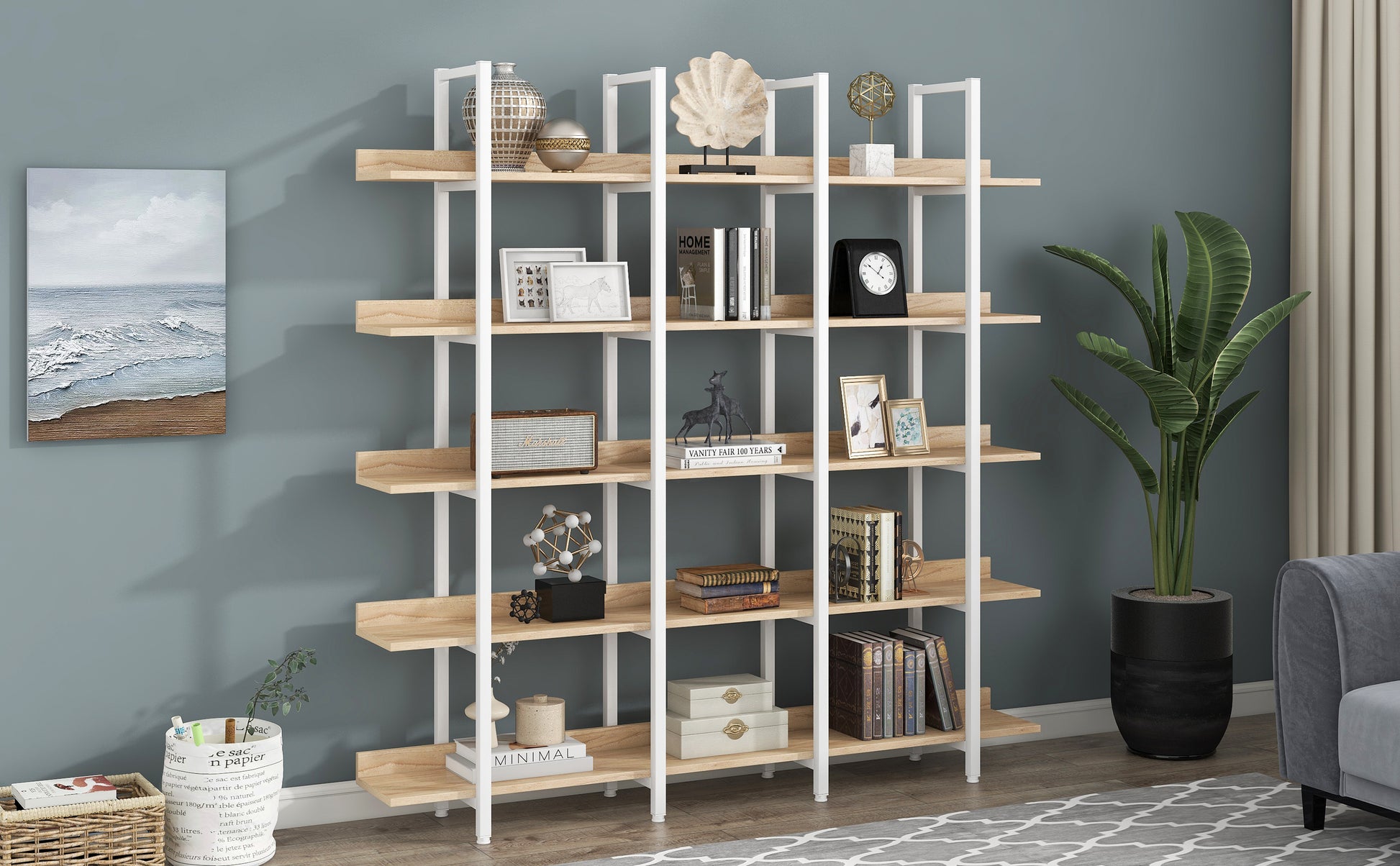 5 Tier Bookcase Home Office Open Bookshelf, Vintage Industrial Style Shelf, Mdf Board, White Metal Frame, Oak White Oak Mdf Steel