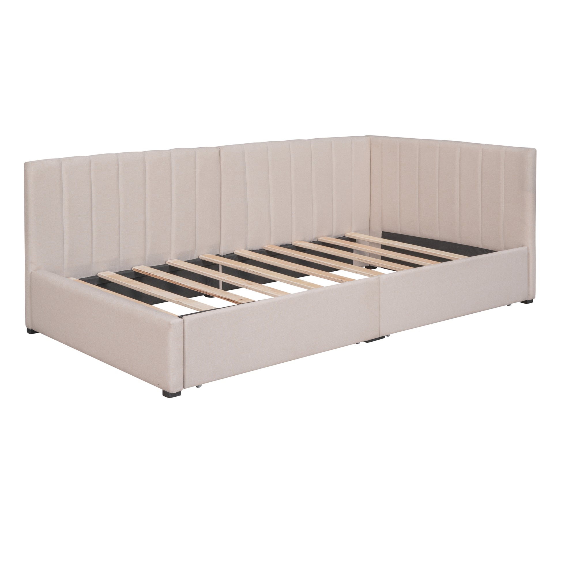 Upholstered Daybed With 2 Storage Drawers Twin Size Sofa Bed Frame No Box Spring Needed, Linen Fabric Beige Twin Beige Upholstered