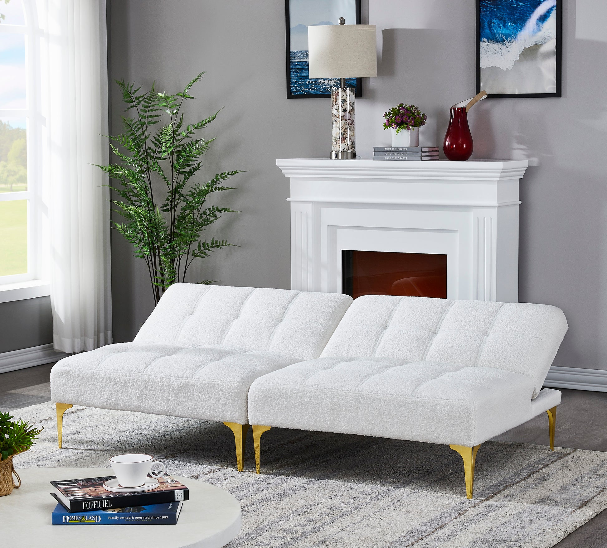 Convertible Sofa Bed Futon With Gold Metal Legs Teddy Fabric White White Teddy Foam Fabric