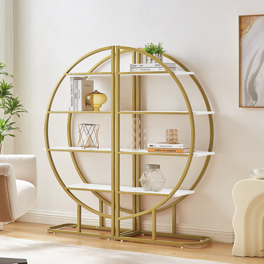 4 Tiers Home Office Open Bookshelf, Round Shape, Different Placement Ways, Mdf Board, Gold Metal Frame, White Golden White Mdf Steel