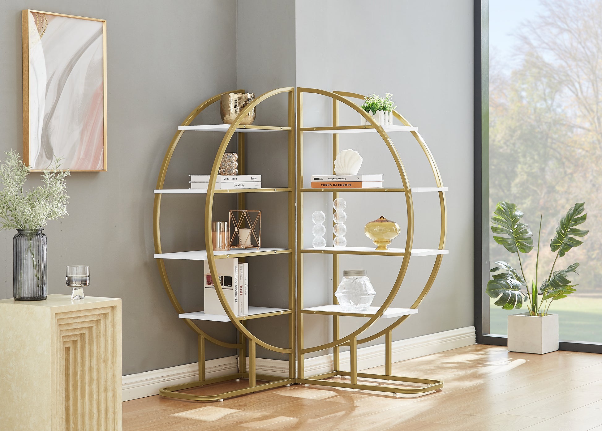 4 Tiers Home Office Open Bookshelf, Round Shape, Different Placement Ways, Mdf Board, Gold Metal Frame, White Golden White Mdf Steel