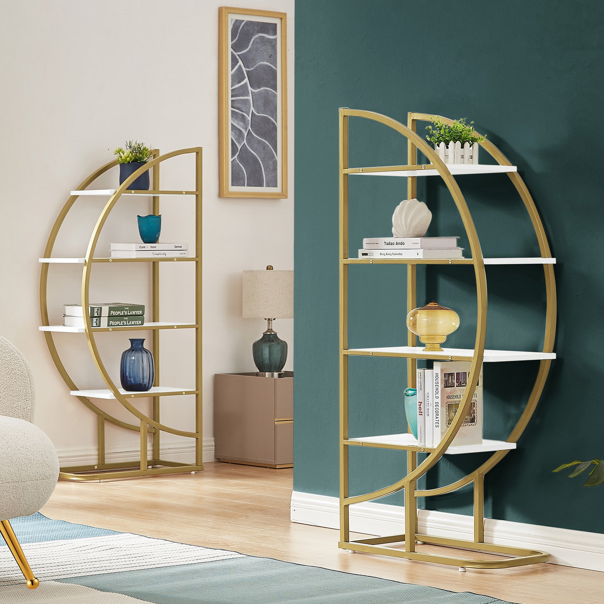 4 Tiers Home Office Open Bookshelf, Round Shape, Different Placement Ways, Mdf Board, Gold Metal Frame, White Golden White Mdf Steel