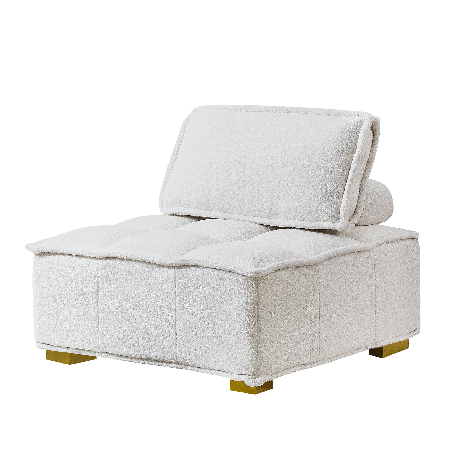 Lazy Sofa Ottoman With Gold Wooden Legs Teddy Fabric White White Foam Fabric