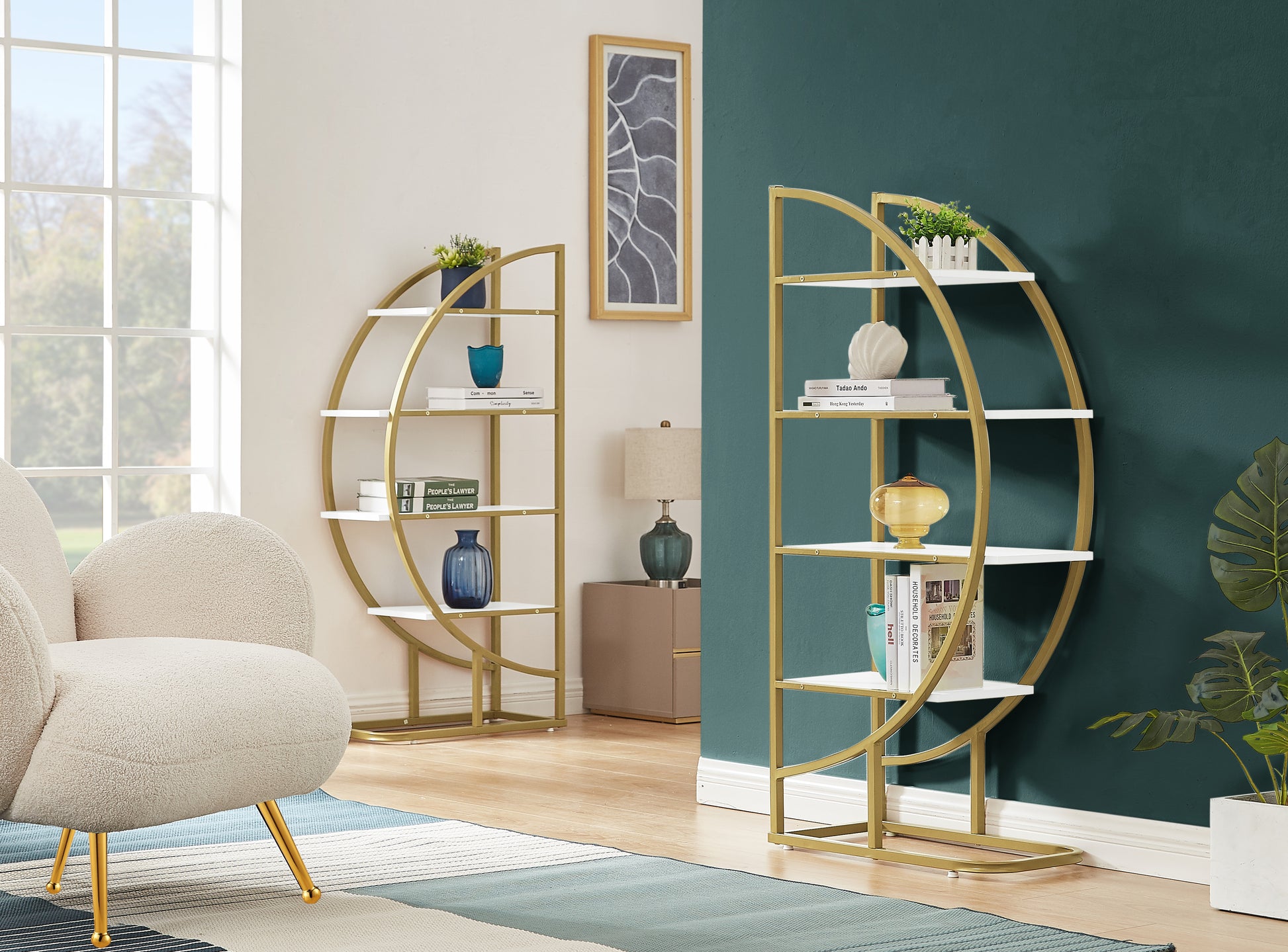 4 Tiers Home Office Open Bookshelf, Round Shape, Different Placement Ways, Mdf Board, Gold Metal Frame, White Golden White Mdf Steel