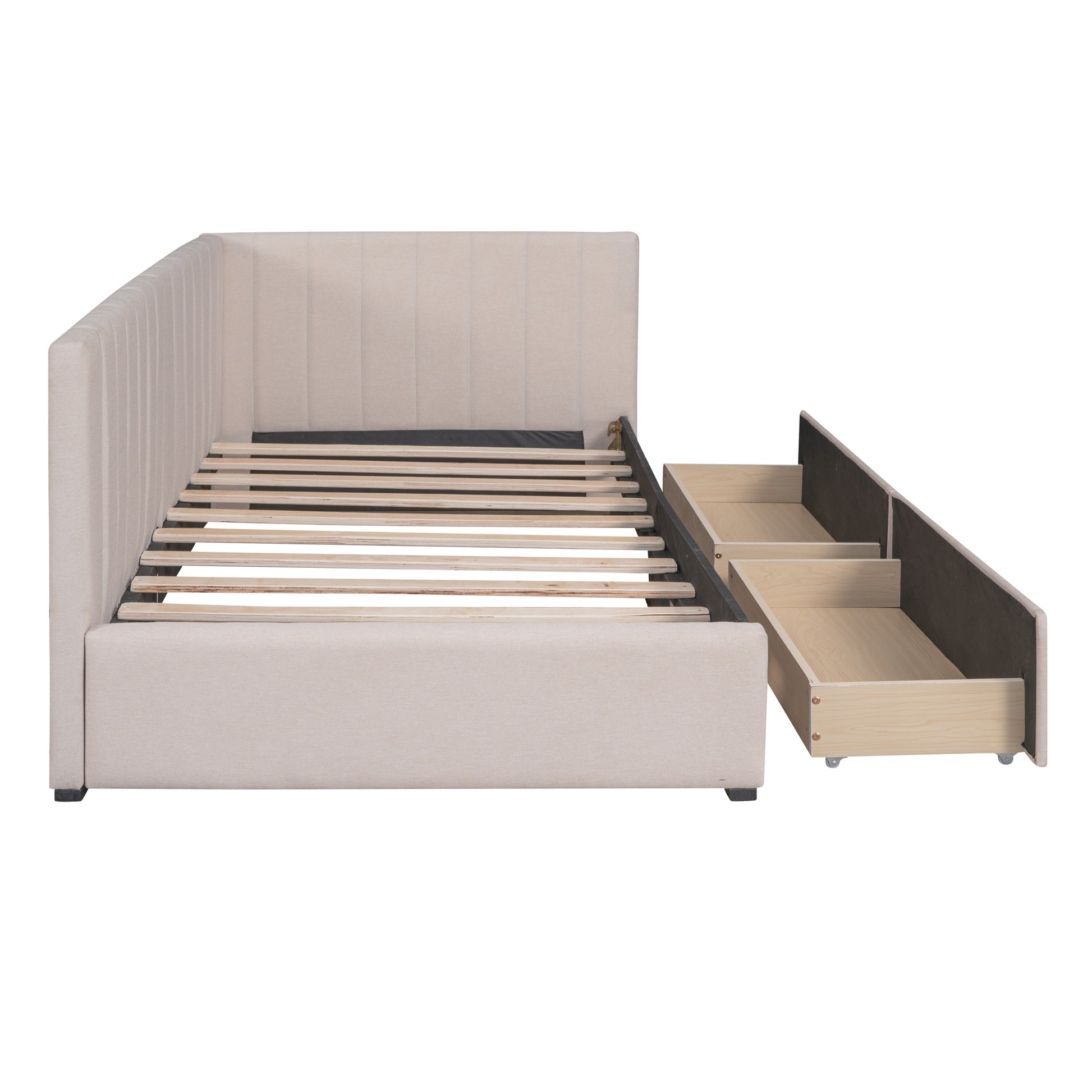 Upholstered Daybed With 2 Storage Drawers Twin Size Sofa Bed Frame No Box Spring Needed, Linen Fabric Beige Twin Beige Upholstered