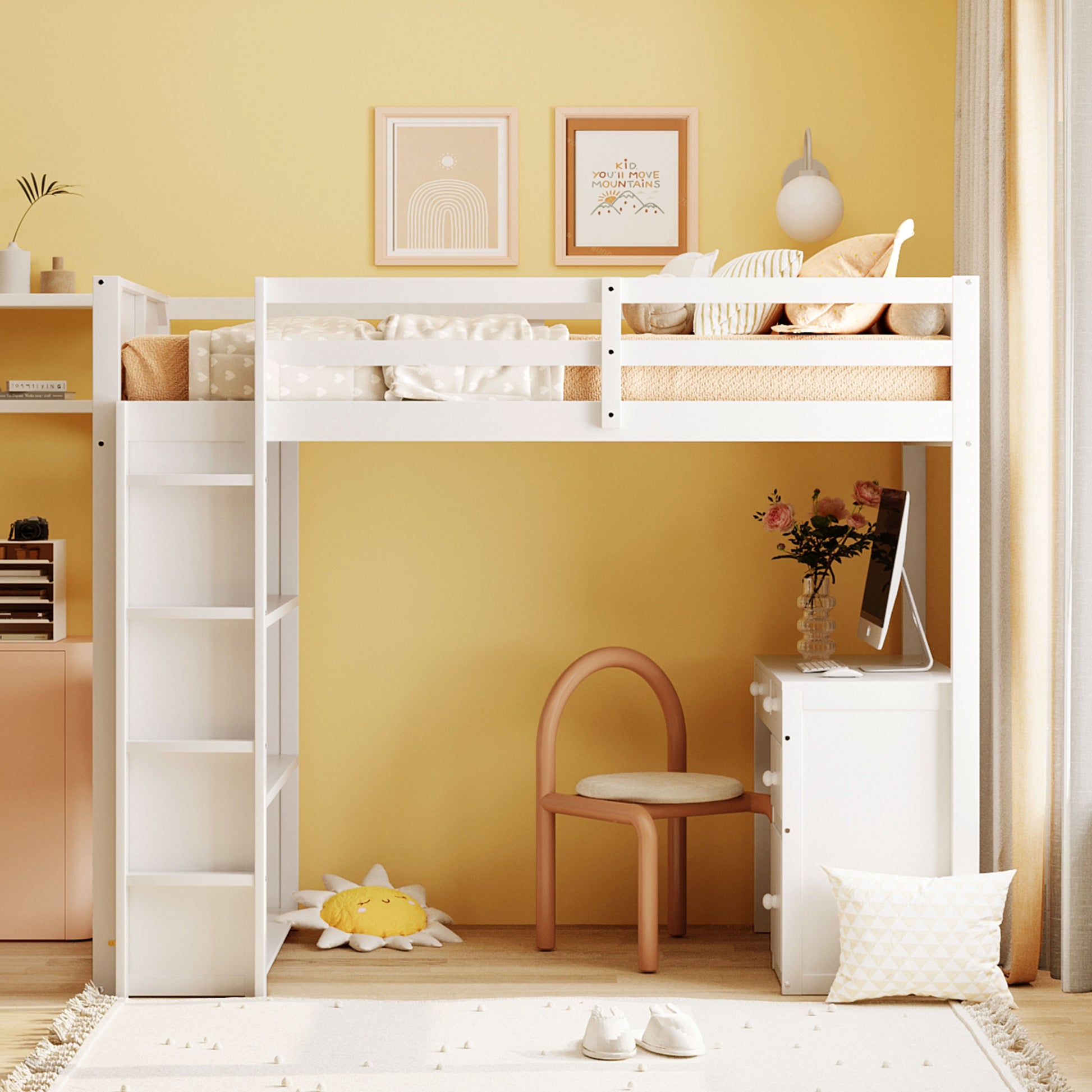 Twin Size Loft Bed With Ladder, Shelves, And Desk, White Gray Solid Wood Mdf