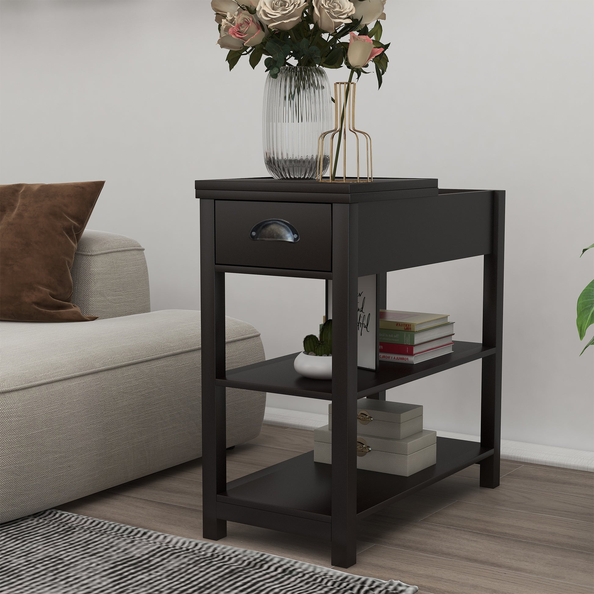 Narrow Sided Table With Drawers And Bottom Partition In Flip Over Design Brown Package Contains Two Products Brown White Mdf