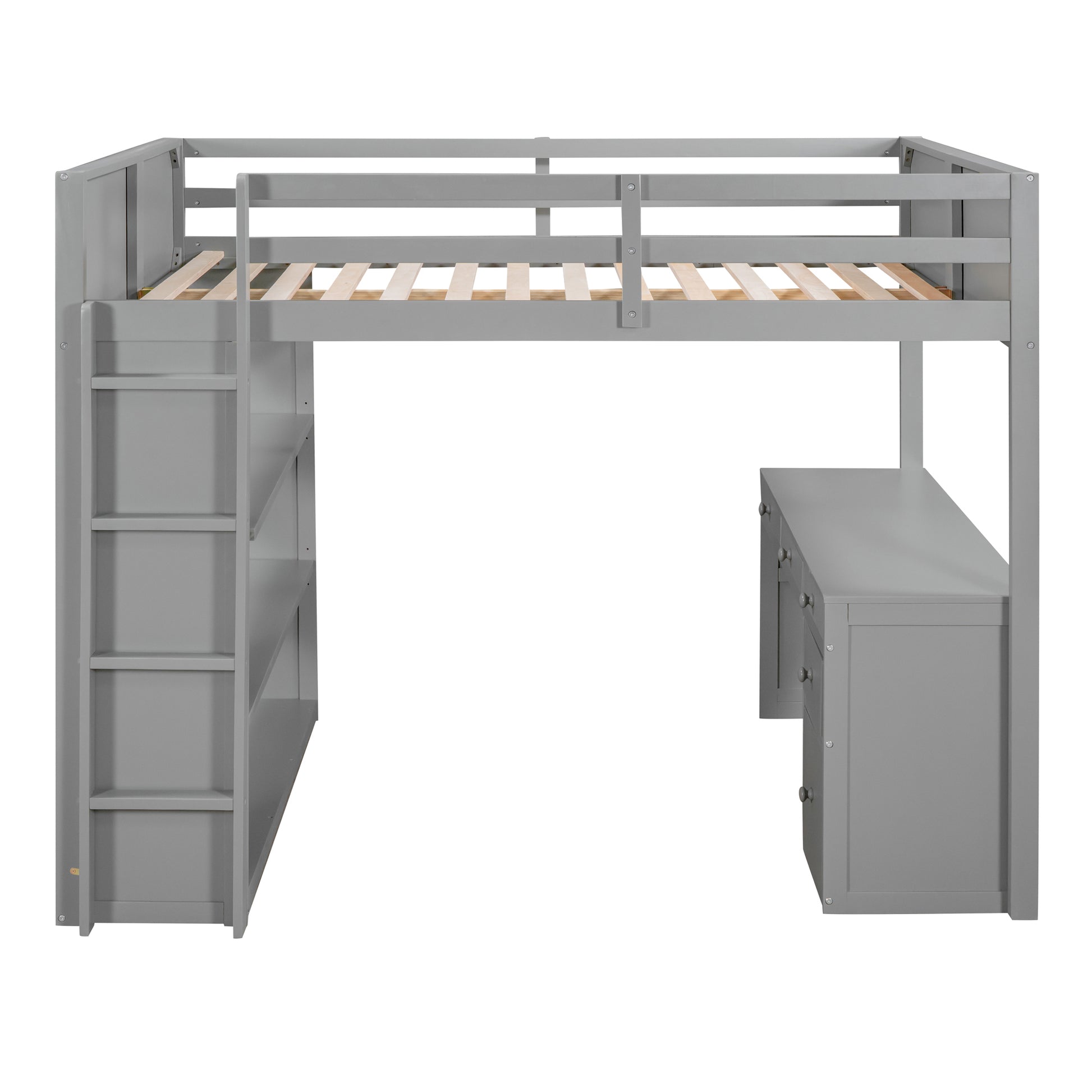 Full Size Loft Bed With Ladder, Shelves, And Desk, Gray Gray Solid Wood Mdf