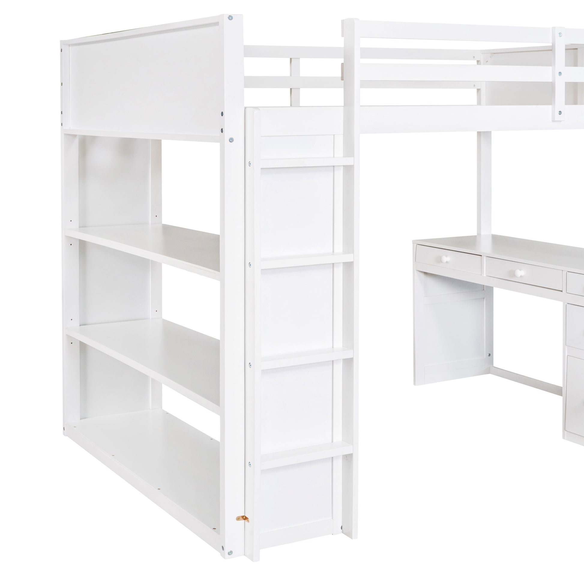 Full Size Loft Bed With Ladder, Shelves, And Desk, White White Solid Wood Mdf