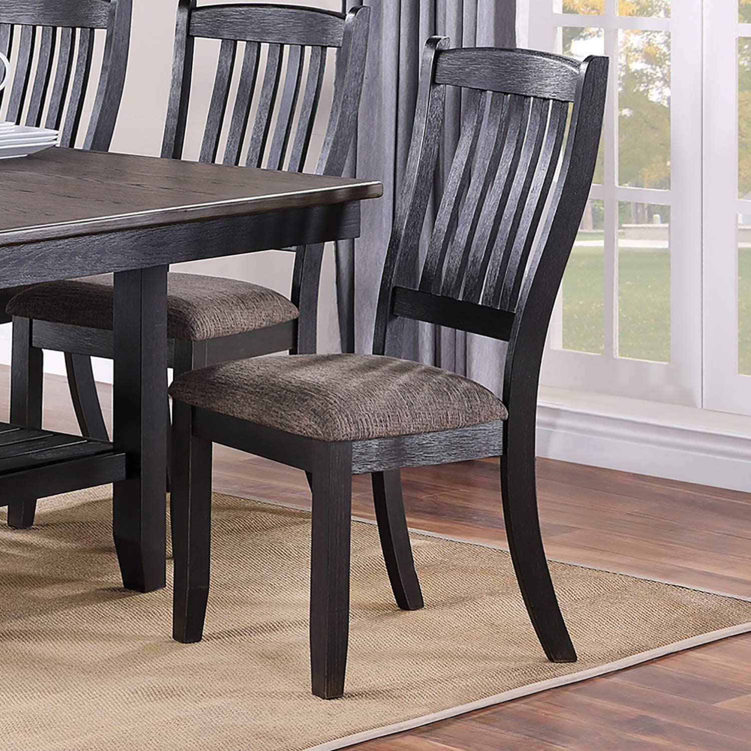 Transitional Dining Room 7Pc Set Dark Coffee Rubberwood Dining Table W Shelf And 6X Side Chairs Fabric Upholstered Seats Unique Back Chairs Gray Wood Dining Room Solid Wood Rubberwood Rectangular