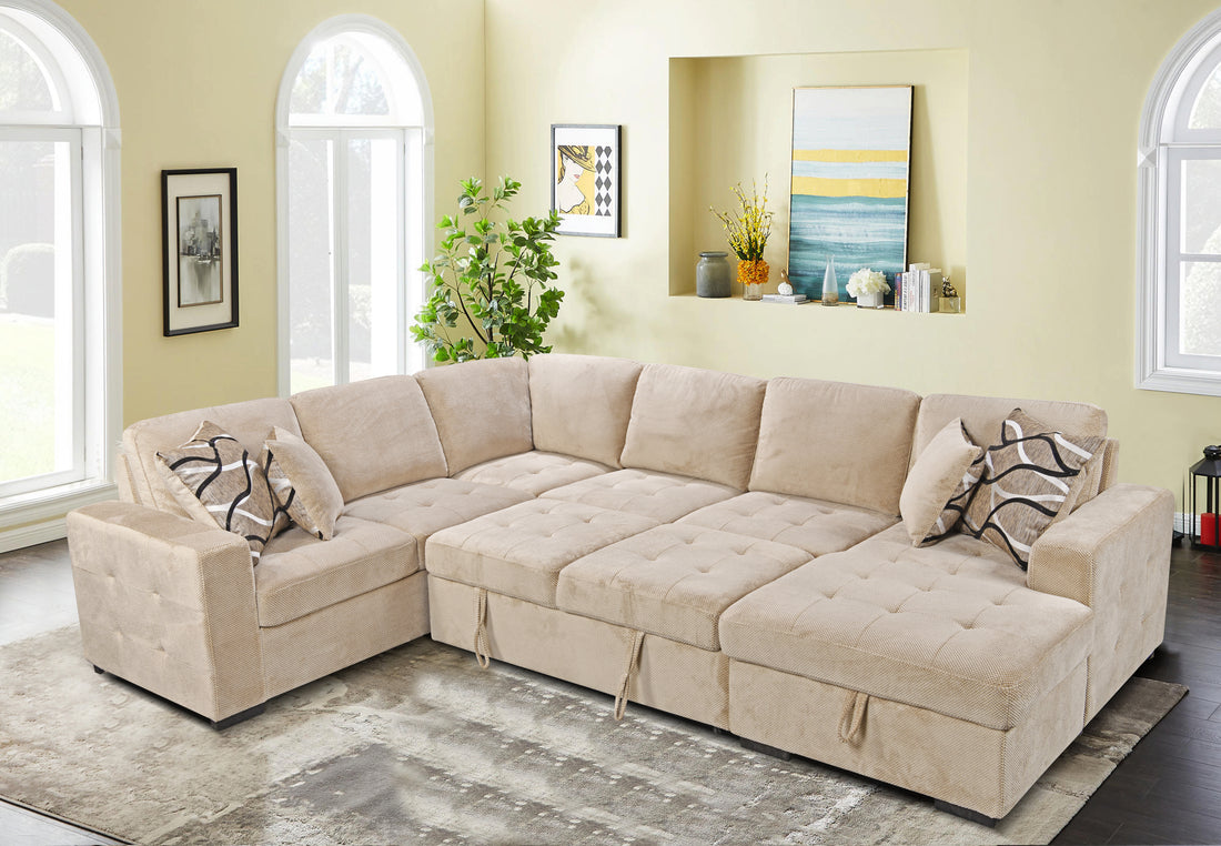 123" Oversized Sectional Sofa With Storage Chaise, U Shaped Sectional Couch With 4 Throw Pillows For Large Space Dorm Apartment. Beige Beige Foam Upholstered