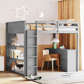 Full Size Loft Bed With Ladder, Shelves, And Desk, Gray Gray Solid Wood Mdf