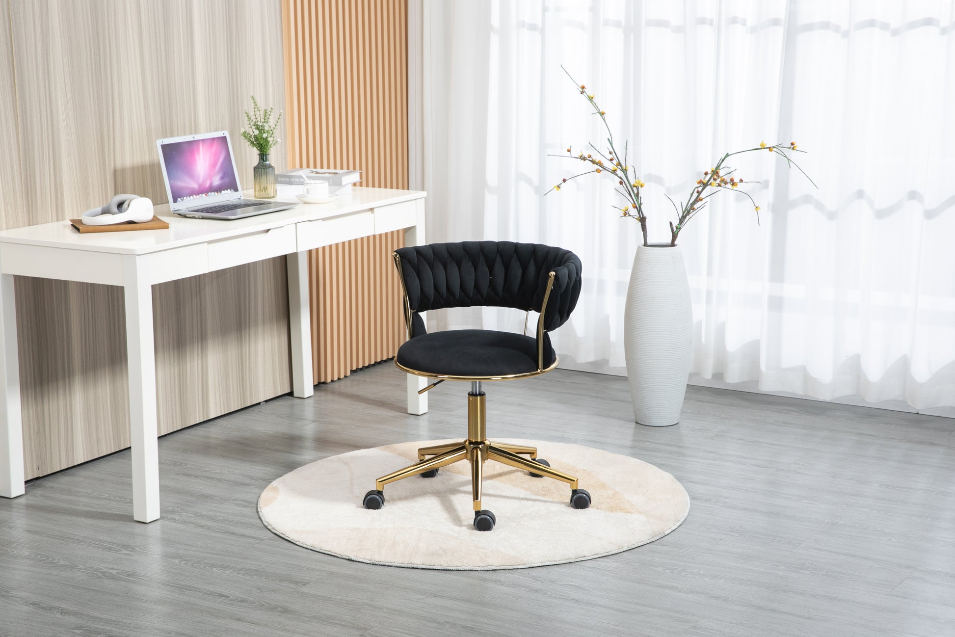 Coolmore Home Office Desk Chair, Vanity Chair, Modern Adjustable Home Computer Executive Chair Swivel Task Chair For Small Space, Living Room, Make Up, Studying Black Polyester