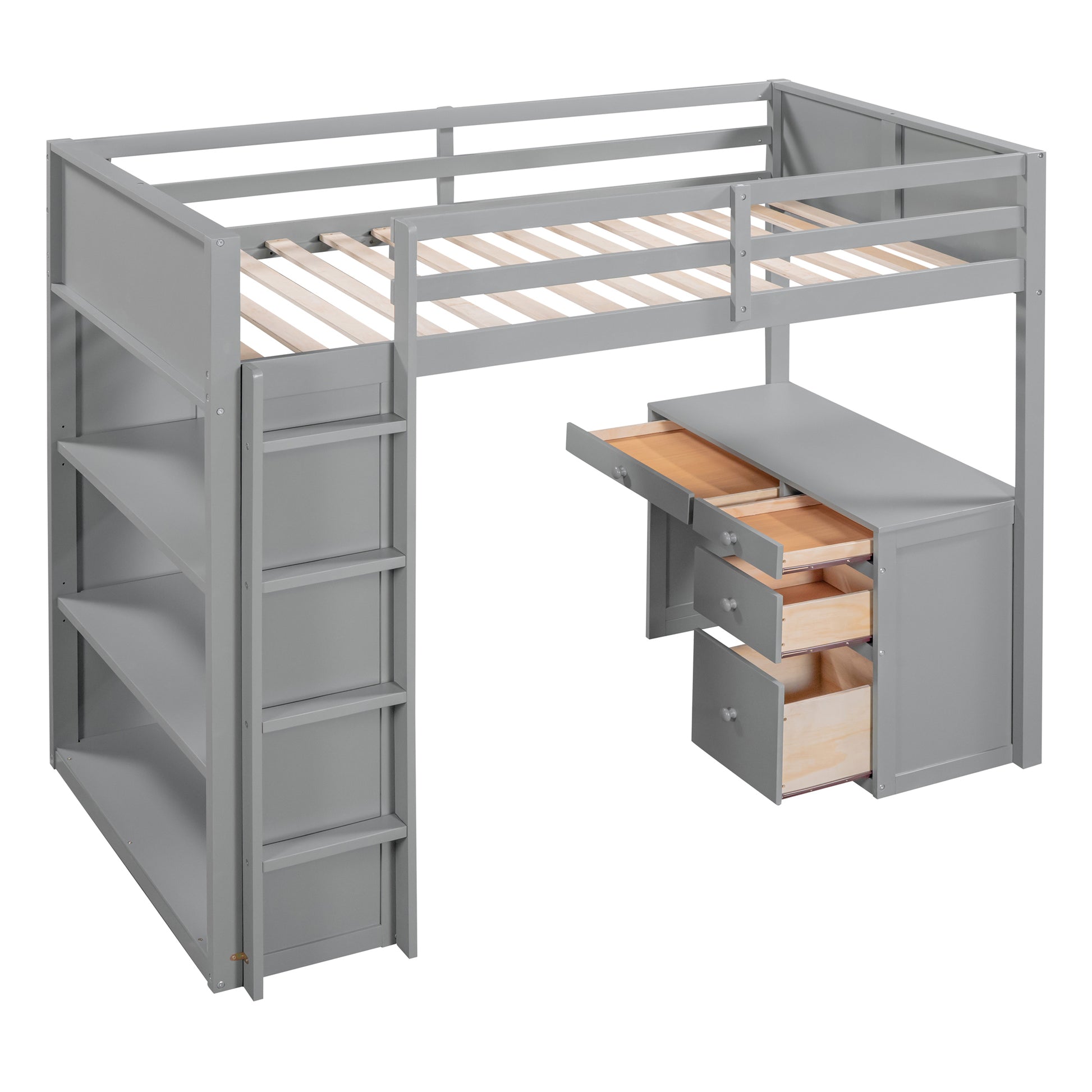 Twin Size Loft Bed With Ladder, Shelves, And Desk, Gray Gray Solid Wood Mdf