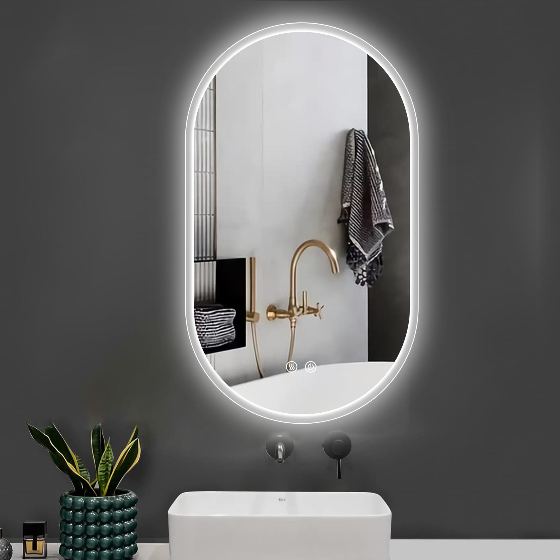 32X20 Inch Bathroom Mirror With Lights, Anti Fog Dimmable Led Mirror For Wall Touch Control, Frameless Oval Smart Vanity Mirror Vertical Hanging Natural Modern Glass