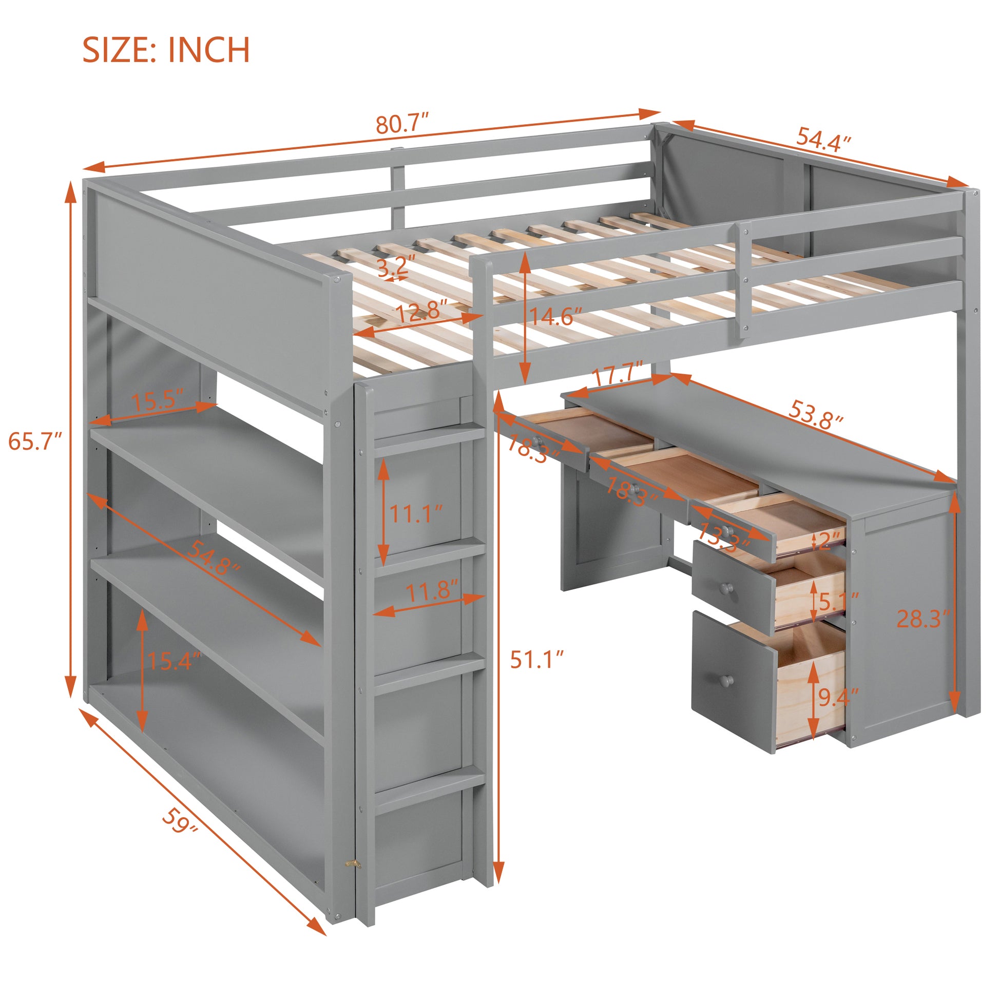 Full Size Loft Bed With Ladder, Shelves, And Desk, Gray Gray Solid Wood Mdf