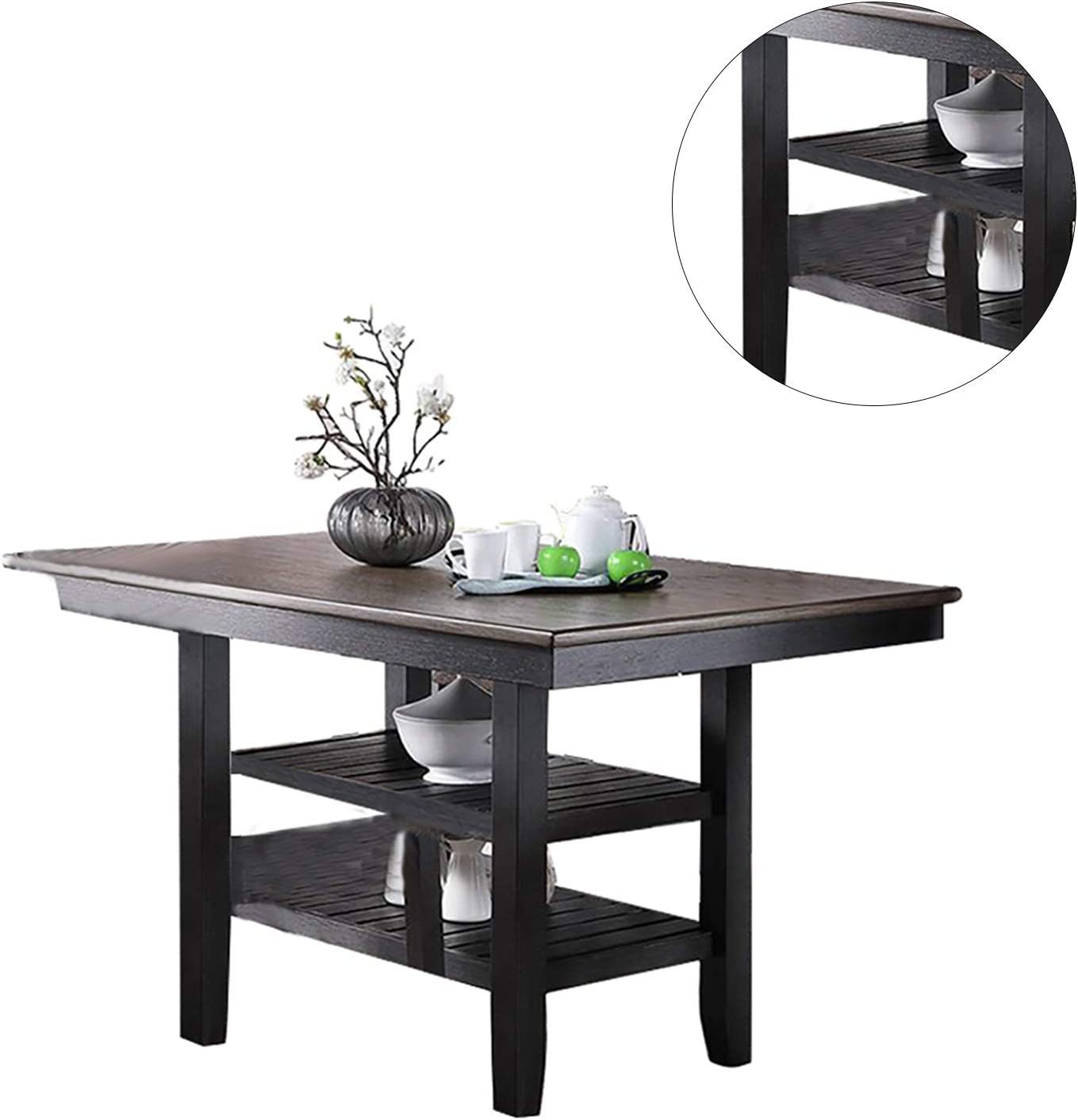 Transitional Dining Room 7Pc Set Dark Coffee Rubberwood Counter Height Dining Table W 2X Shelfs And 6X High Chairs Fabric Upholstered Seats Unique Back Counter Height Chairs Gray Wood Dining Room Solid Wood Rubberwood Rectangular Dining Table With Chair