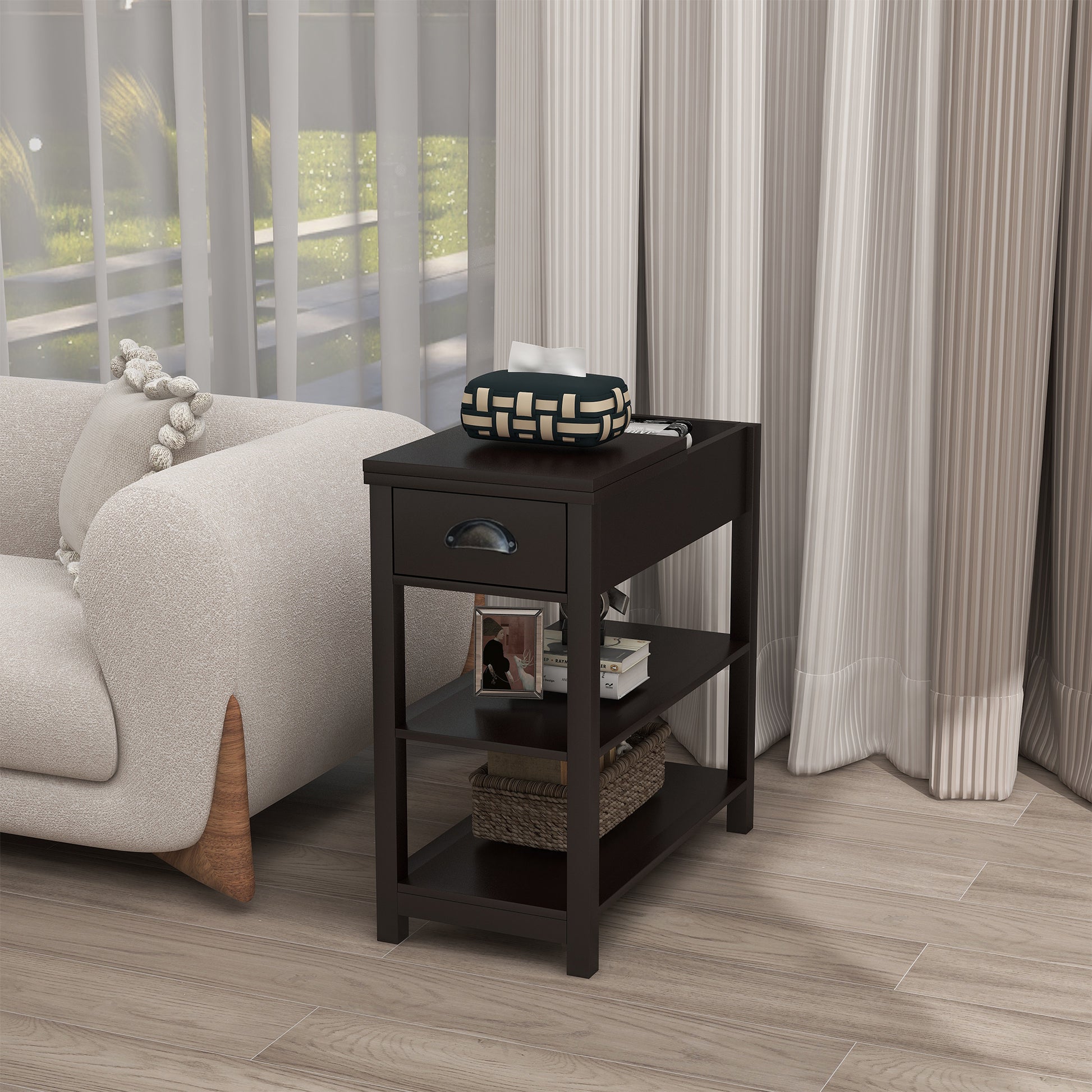 Narrow Sided Table With Drawers And Bottom Partition In Flip Over Design Brown Brown Mdf