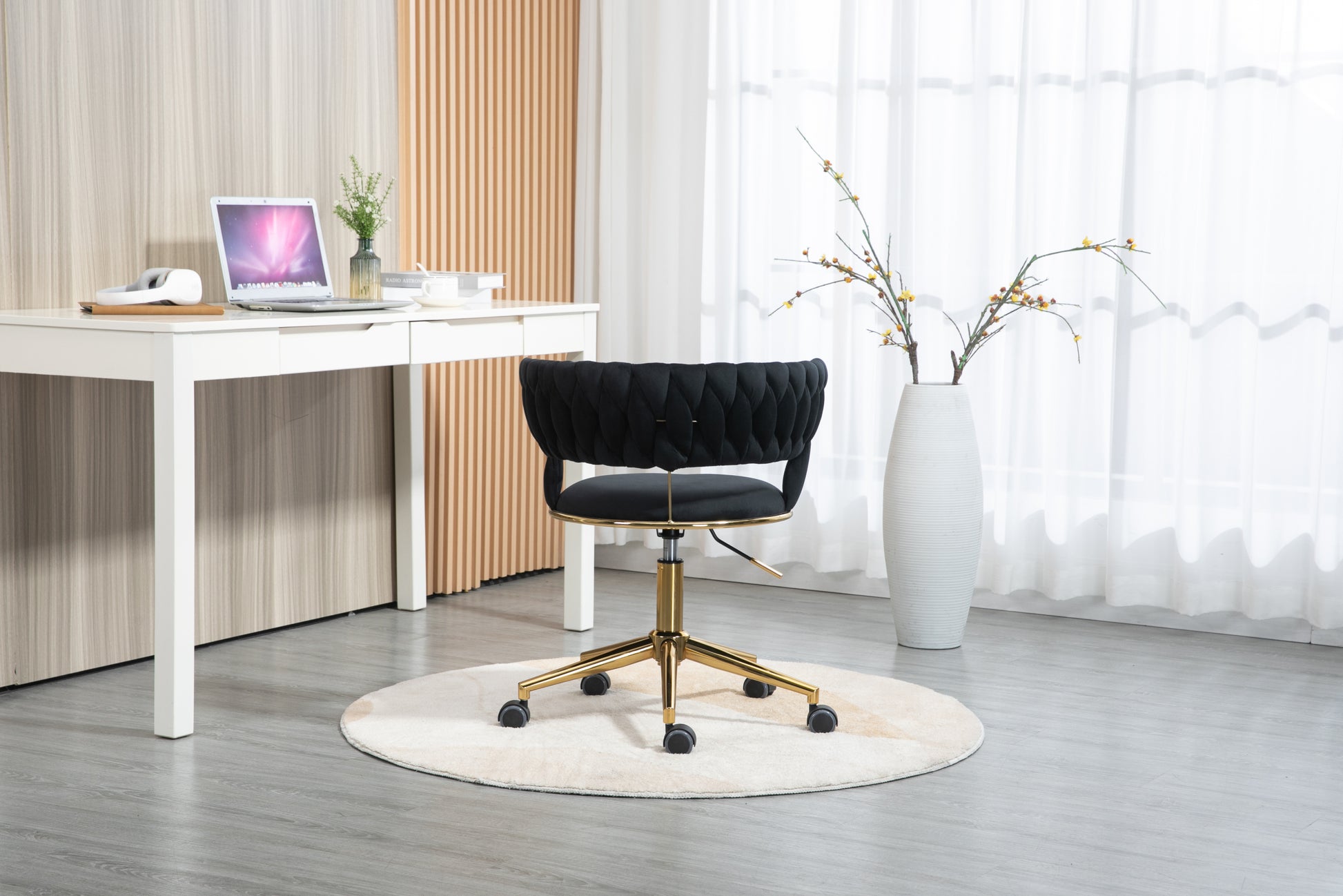 Coolmore Home Office Desk Chair, Vanity Chair, Modern Adjustable Home Computer Executive Chair Swivel Task Chair For Small Space, Living Room, Make Up, Studying Black Polyester