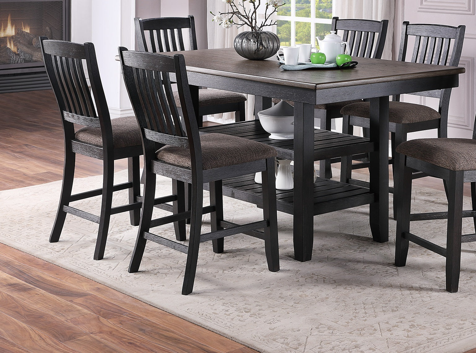 Transitional Dining Room 7Pc Set Dark Coffee Rubberwood Counter Height Dining Table W 2X Shelfs And 6X High Chairs Fabric Upholstered Seats Unique Back Counter Height Chairs Gray Wood Dining Room Solid Wood Rubberwood Rectangular Dining Table With Chair